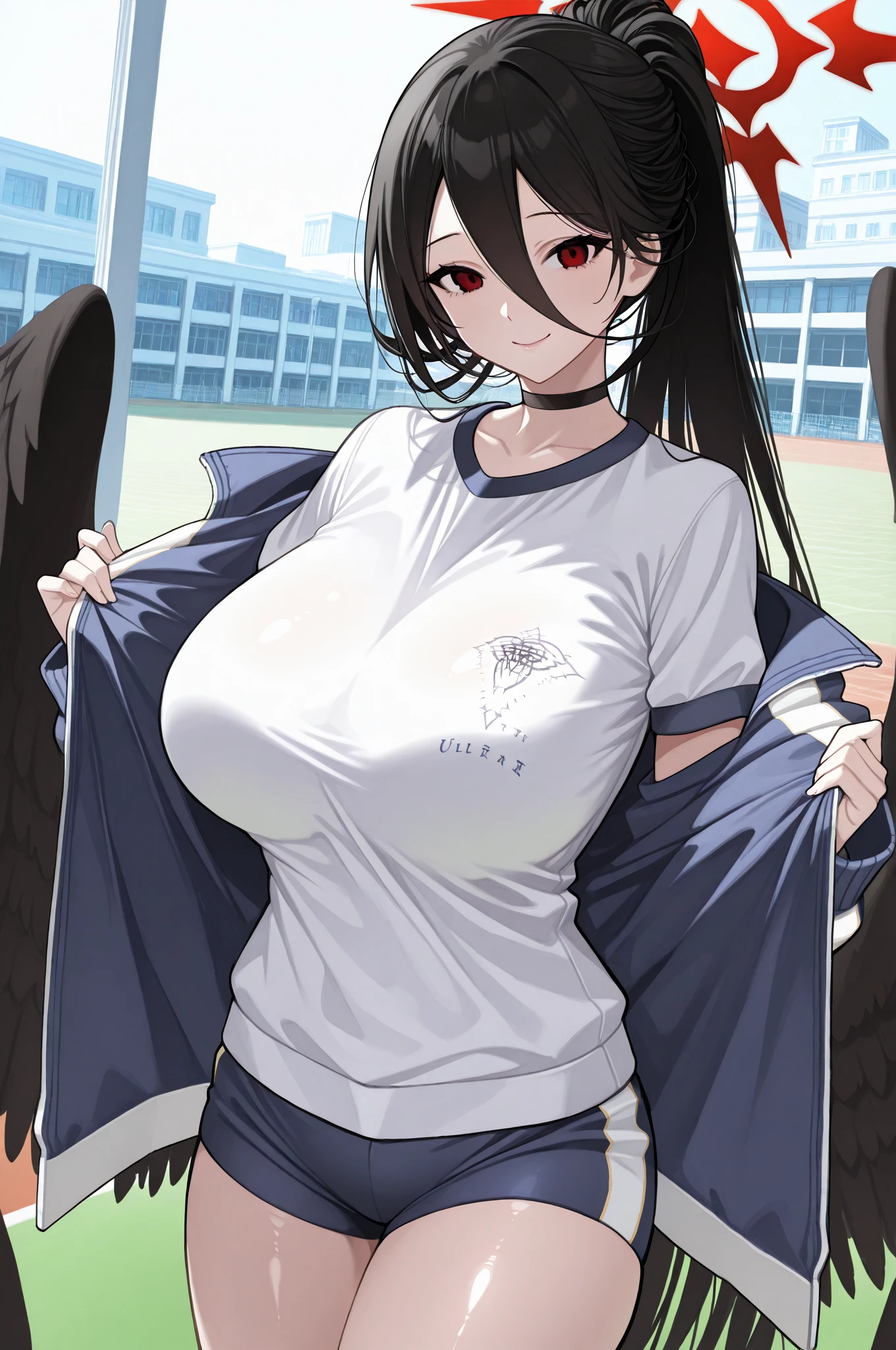 (NSFW: 1.5), crazy_eyes, (Masterpiece, Precision, Premium Quality: 3.2), Alone, 1 Girl, Black Hair, Ponytail, ((Track Jacket)), Red Eyeshadow Red Eyeliner: 1.2, Black wings extending from the waist, looking at the camera, Huge Huge Breasts: 2.3, See-through, Long Breasts: 1.4, Expressionless,