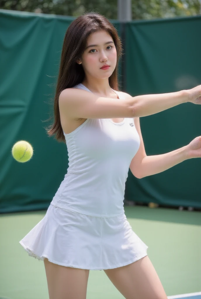 (beautiful korean female idol:1.25), (58 inch breasts size), (fleshy juicy body:1.5), (thick arms:1.5), (holding racket - playing tennis), armpit visible, wearing multicoloured micro sport bra, tennis sneakers, sweating profusely, action-do sports on the tennis court, fullbody shot, bokeh background, professional photograph, award-winning portrait, masterpiece, 8K UHD, high detail full-body view, symmetrical, Nikon D850, 85mm lens, f/1.8, depth of field,
