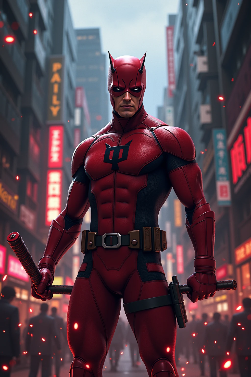 solo, masterpiece, best quality, medium shot of Daredevil, marvel, fighting stance, dynamic angle