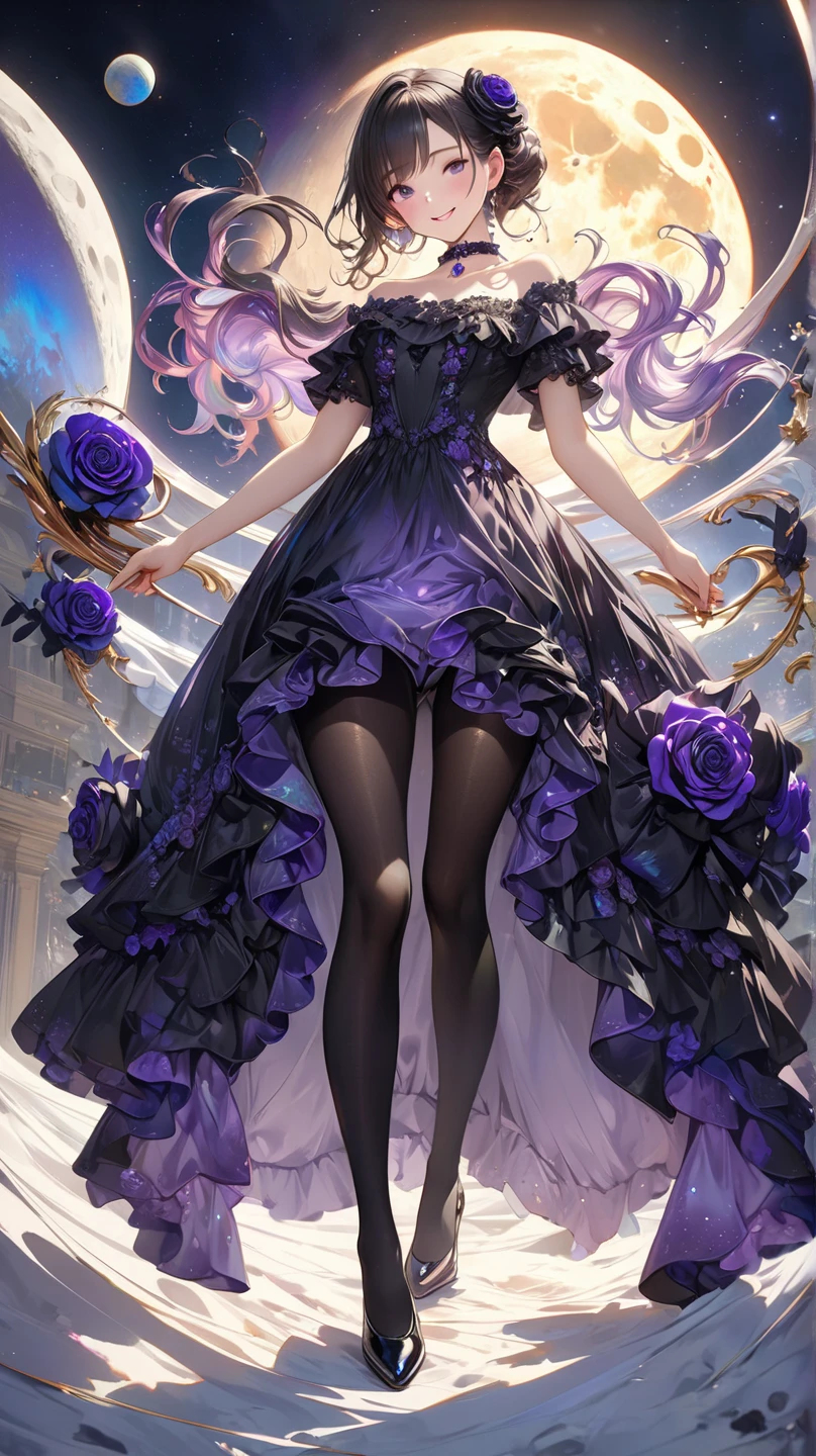 UHD, masterpiece, best quality, extremely detailed, anatomically correct, sharp focus, Midnight, gloomy atmosphere, Church, altar isle, 1girl, solo, camilavtuber, pink hair, short hair, shoulder length hair, fly-away hair, (Black head wings:1.5), (twin ponytail), PURPLE EYES, PURPLEIRIS, (facial mark), smiling, ballgown wedding dress, long tail gown, white arm sleeves, slim arms, white gloves, holding red bouquet of flowers, small chest, single devil wing, single wing, slim legs, white lace stockings, (white high heels), (full body) , (close-up), innocent pose, eye-level shot, front view, innocent pose, scattered pink petals