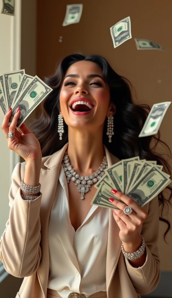 Generate a realistic image of a hand extending out offering cash to a woman. The focus is on the exchange, capturing the moment of transaction. The background is blurred to emphasize the action between the hand and the woman, highlighting the details of the cash and their expressions to convey the context of the exchange. The lighting is natural, enhancing the realism of the scene.