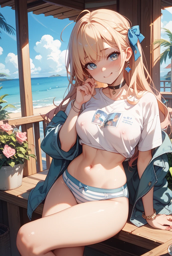 (8K、Highest quality、Highest quality、masterpiece)、Detailed face、One Girl、(Brown Skin:1.2)、Long Hair、Blue eyes、Seductive smile, seductive pose、(Bikini top Only、BikiniTop、Bikini Top、Denim hot shorts、Open Shorts、Unziped shorts、Mini Shorts、No Panties、NoPanties、Sexy、wedgie、Spread vagina under shorts)、vulva view、Beach、cloud、(((pussy peek、clitoris slip)))、Big Breasts、