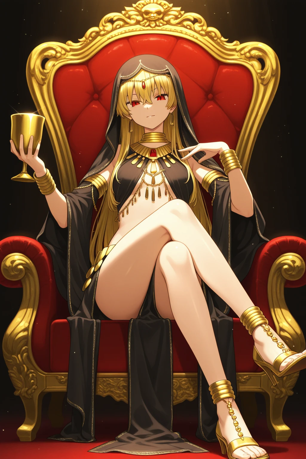 best quality, highres, 1girl, shokuhou misaki, long hair,blonde hair, +_+, yellow eyes, symbol-shaped pupils, large breasts, sitting, crossed legs,smile,necklace, jewels,nudes,cum in breasts,bare breasts,long legs, palace, golden background,completely nude, Bracelet,Anklet,yellow thigh strap,Gold rings,rings adorned fingers, Red nail polish,Red nails,fingernails,blone armlets,large Earrings,blone leglets,<lora:shokuhouMisakiToaru_v1:0.6>