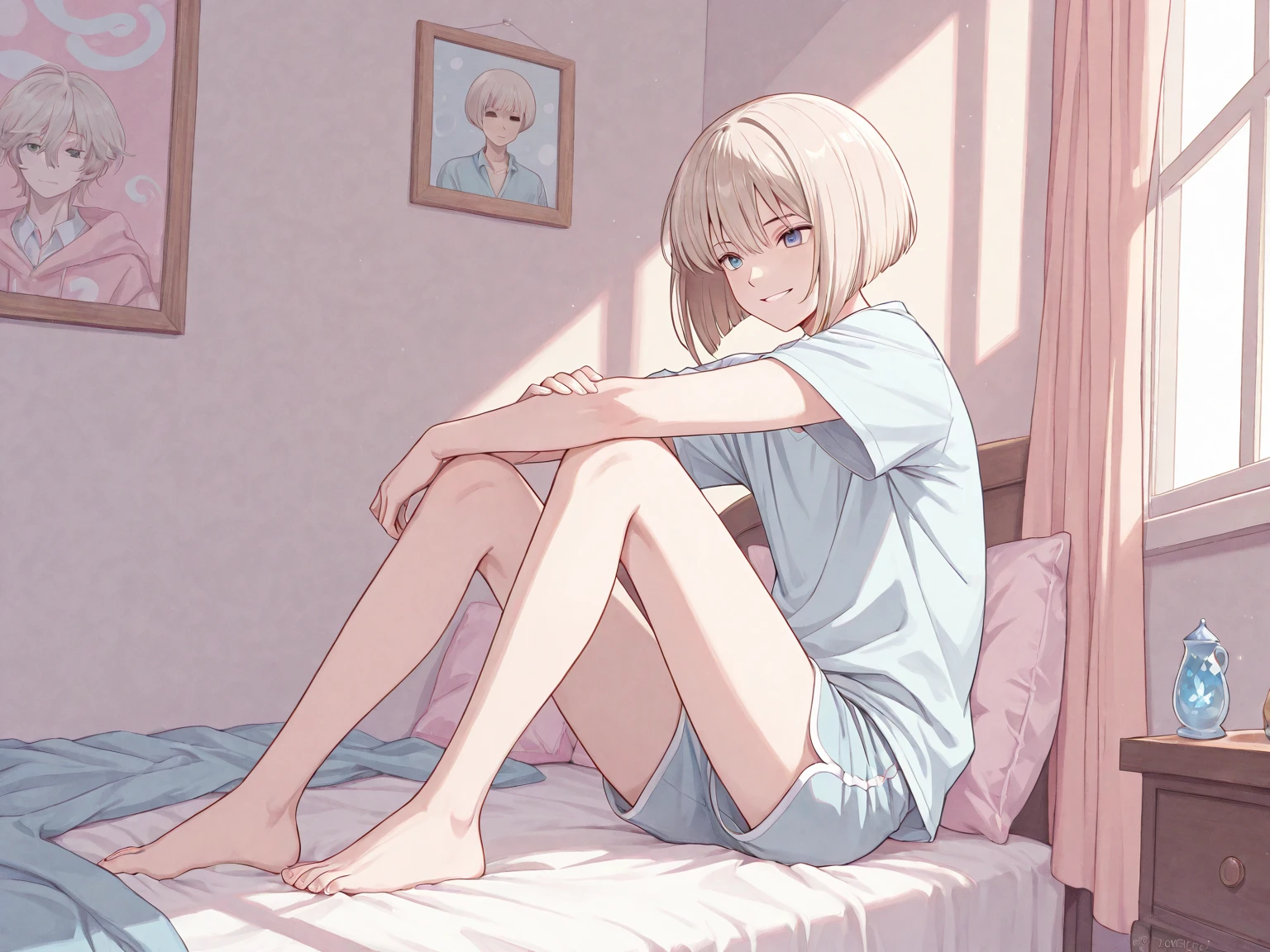 (superflat, flat shading, flat colors:1.1), 1girl, petite, loli, slim, small breast, messy blonde hair, white t-shirt, (white panties), white socks, smile, blush, sleepy, sitting on bed, awake, bedroom, view from below, (low angle), bright sunlight, best shadows, watercolor,