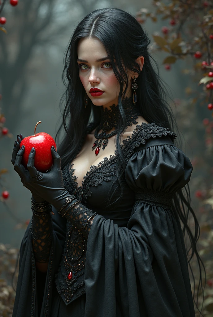 ((RAW photos), absurd, (absurdresolution)), masterpiece, best quality, (Extremely detailed 8k Unity CG wallpaper), (Best Illustration), (Best shadow), Realistic lighting, Beautiful and delicate light, ((21 years old)), girl, Black long hair, Black Queen, Accessories, Apple in hand, Poison apples, Witch Queen, Red lipstick, (((Her photographic perspective)))