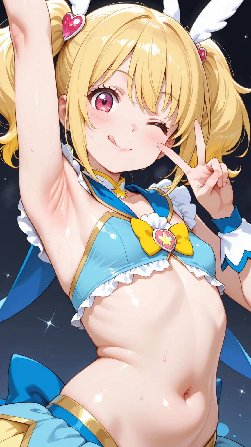 (((masterpiece))), ((highest quality)), ((Very detailed)), ((High resolution)), ((8k)), ((Anatomically correct)), The correct number of fingers, One Woman, Kagamine Rin, Vocaloid, Blonde Hair, short hair, Short, Very cute woman, delicate, Charming smile, Blue eyes, Bright Eyes, Best moment, Vivid eyes, Beautiful Skin, Cute face, delicateな腕, Detailed skin texture, Intricate details, Very detailedな顔, Beautiful Eyes, Beautiful curves, View your viewers, Cheerful expression, Music Stage, barefoot, Stage Costumes,