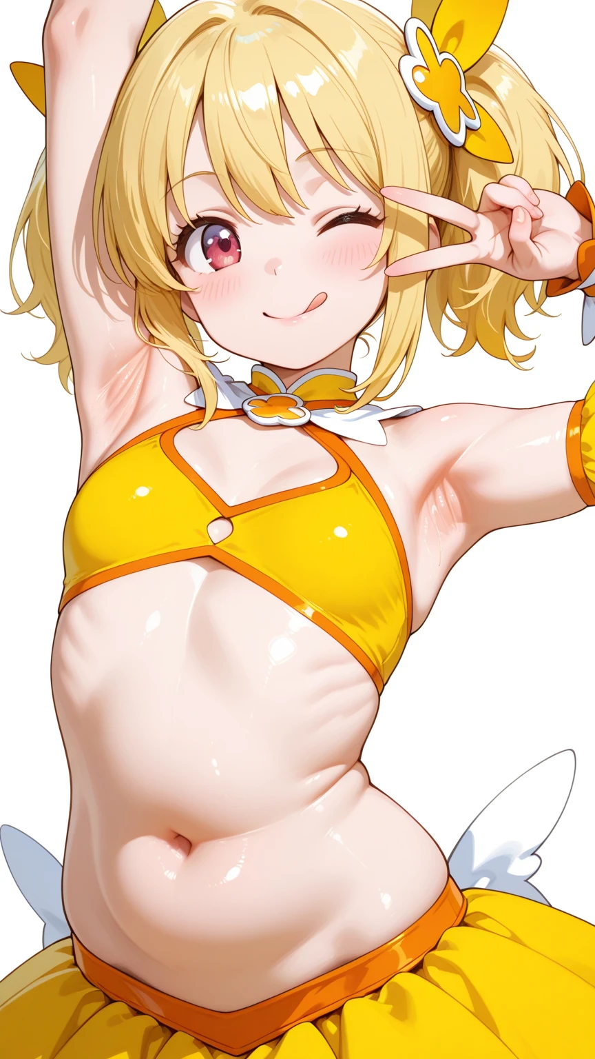 (((masterpiece))), ((highest quality)), (Very detailed), ((High resolution)), ((8k)), ((Anatomically correct)), One very cute girl, Baby Face, (Small breasts), Vocaloid, (Kagamine Rin), Blonde, Short Hair,  Letting down your bangs, (Short), (Petite), Charming smile, Blue eyes, Best moment, Delicate arms, Detailed skin texture, Intricate details, Very detailedな顔, Beautiful thighs, Beautiful curves, (Sweating), A lot of love juice is leaking, In a school classroom, ((Cheerleader)), ((Holding yellow pom-poms in both hands)), ((A pink vibrator is inserted into the vagina)), Shut your mouth., heart, Open your legs, 