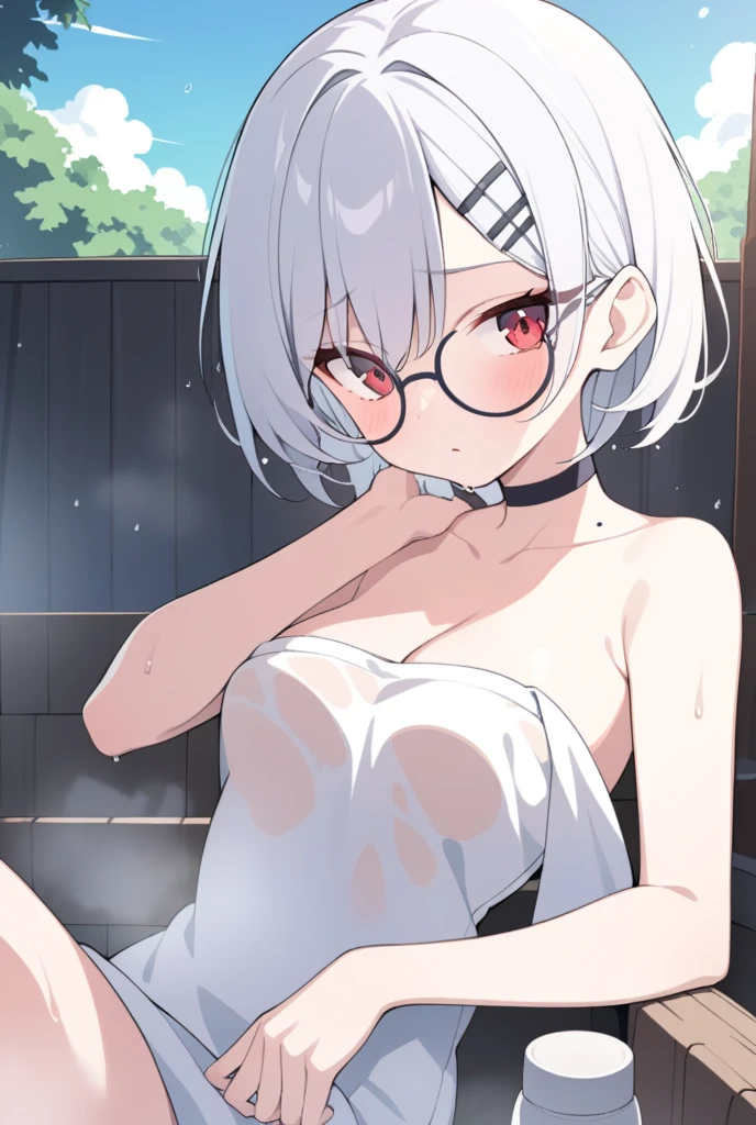 (topless), nsfw, masterpiece, 1 girl, erect nipples, ((handcuffed)), blindfolded, nipples, high angle, intricately detailed, navel, collar, walking, sarong, drooling, saliva, tongue out, extremely detailed, photorealistic, octane render, 8 k, unreal engine. bare breasts, bare stomach, sweaty, detailed, cowboy shot, small breasts, puffy nipples, leg strap, slim waist, petite body, fantasy, outdoors, leaning forward, nipple chain, bruises, silver hair, mountains, forest, hills, ruins, chains, sweaty, wet, kneeling, torture equipment