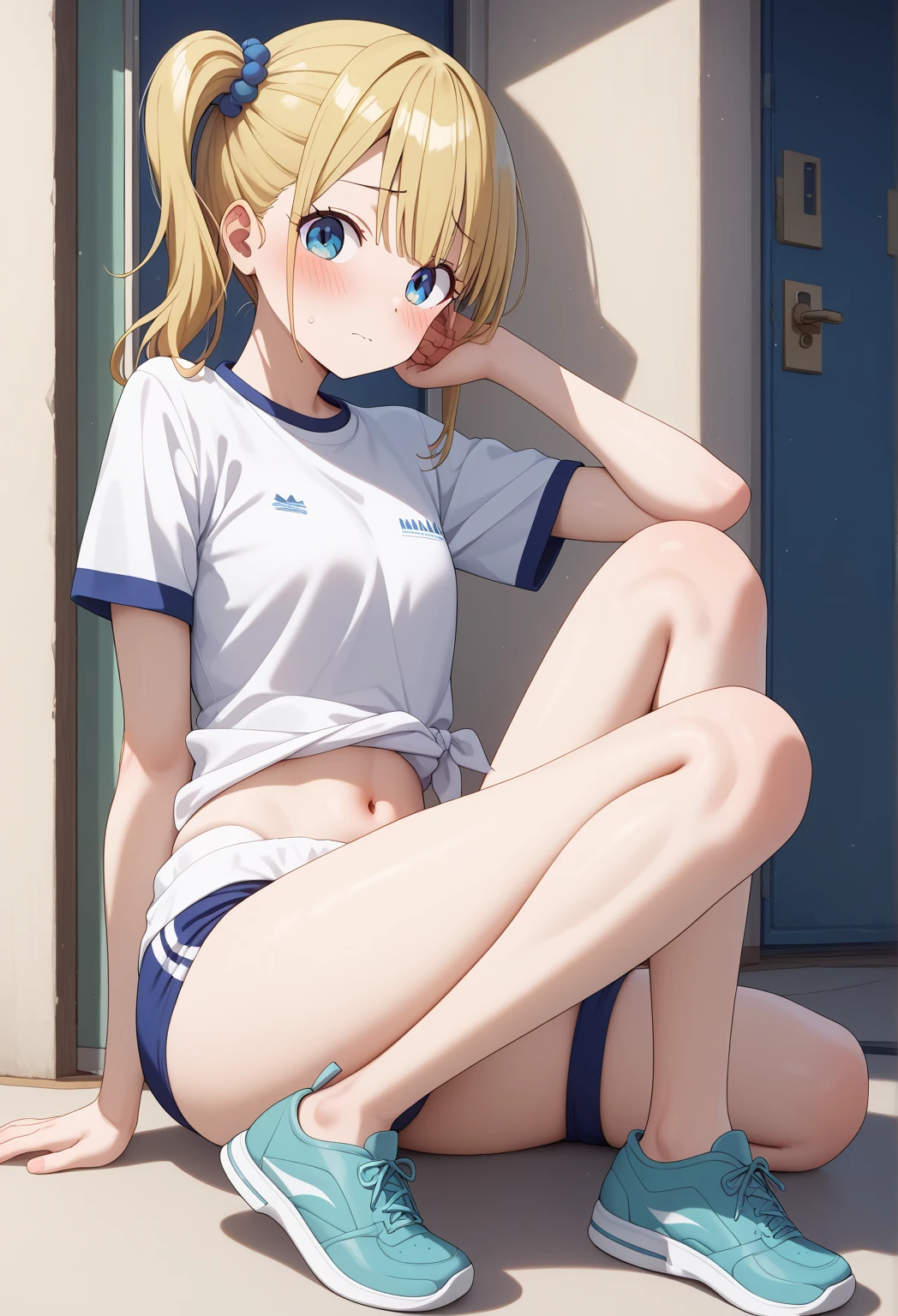 masterpiece, high quality, Nothing, Small breasts, One Girl, Are standing, Temporarily stop, Temporarily stop,  Gym suit, Bloomersショーツ, Bloomers,  whole body, shirt,  blue eyes