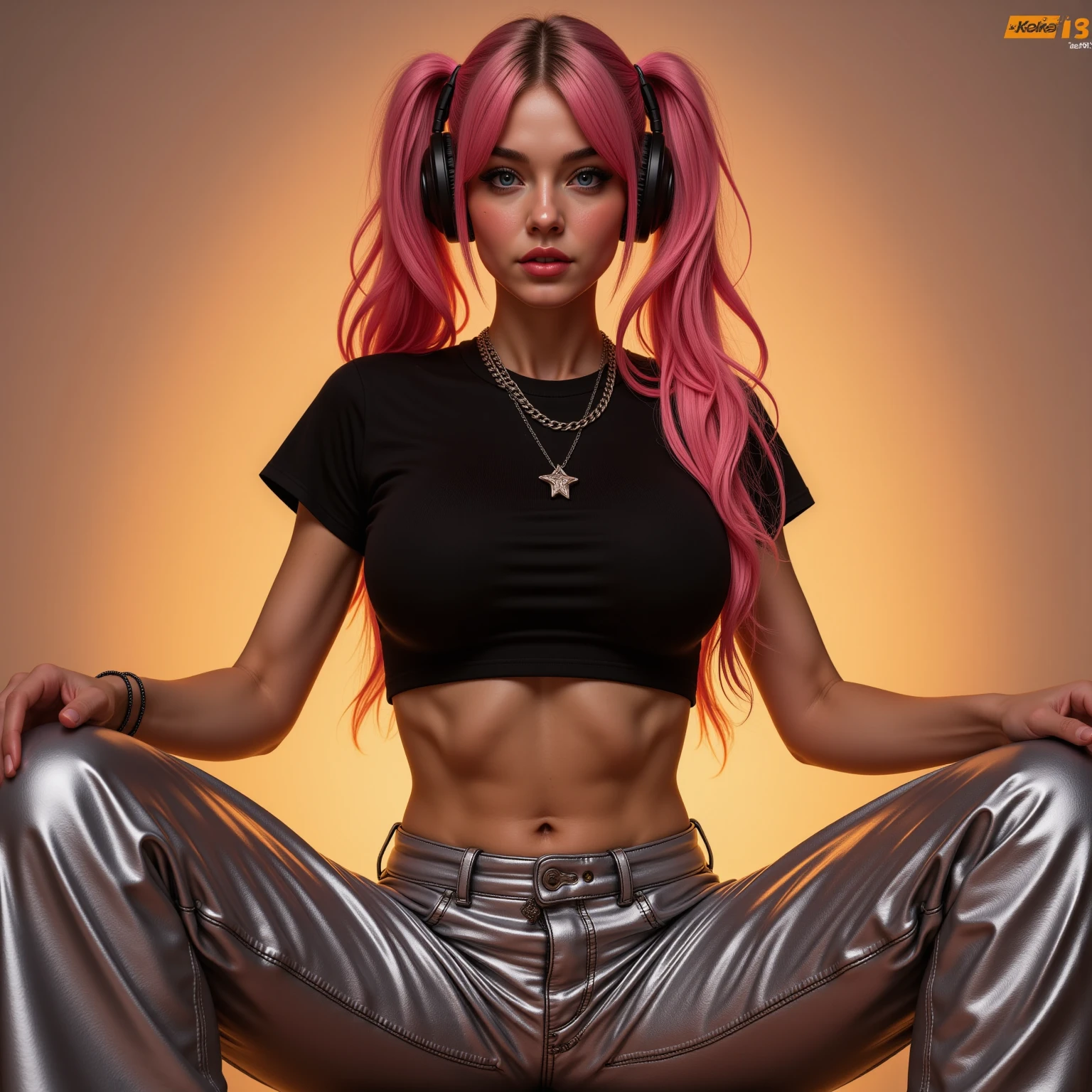 Melisandre, 1 girl, chica gamer, pink t-shirt, by rubio, (gamepad is in your hands, close wet panties), sexy, sweaty skin, lifted t-shirt, exposed abdomen, white panties, legs open, on the chair, View from below, neon lights, g0thicPXL