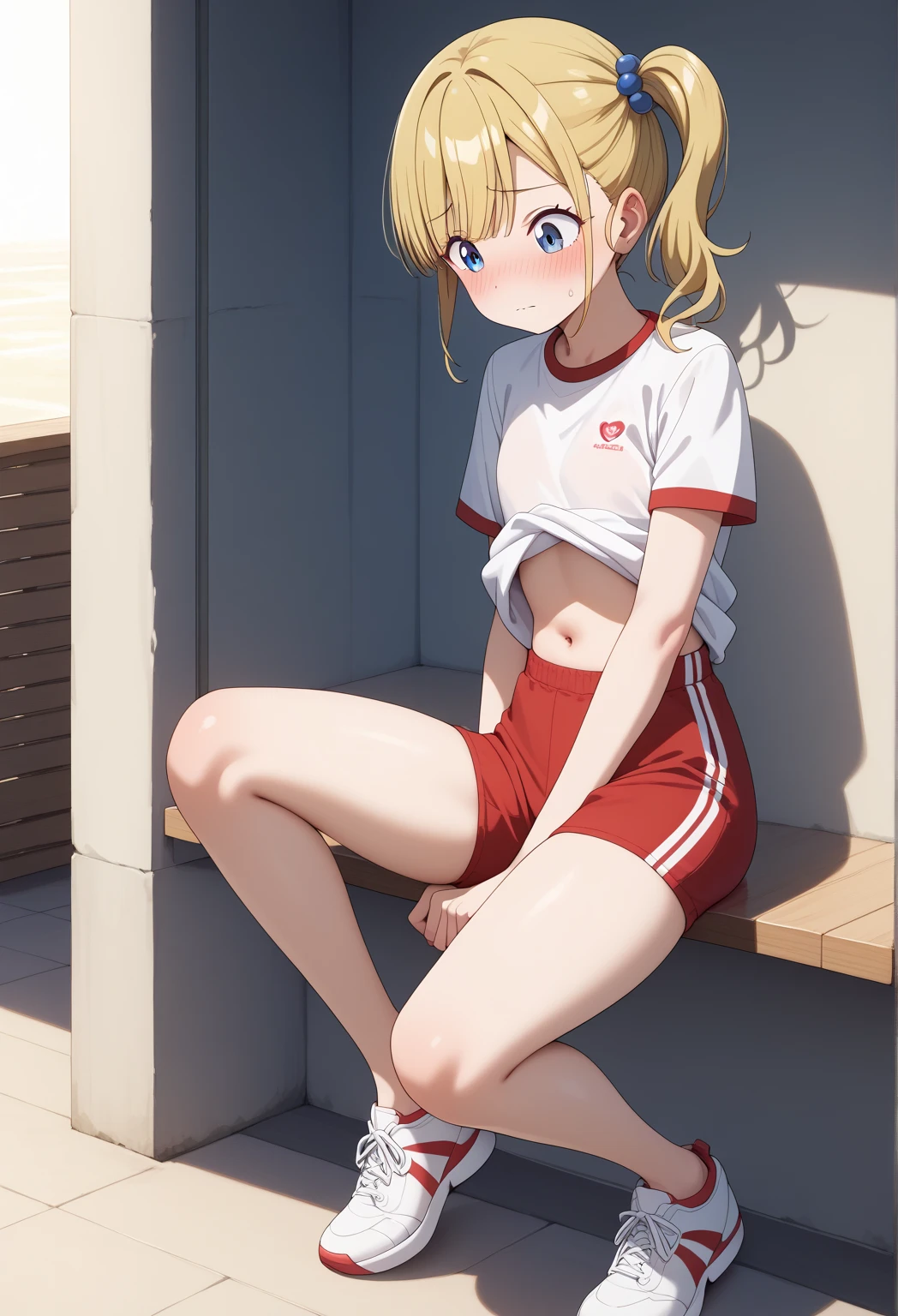 masterpiece, best quality, 1girl, kunou, blonde hair, short hair, ponytail, yellow eyes, gym outfit, white shirt, blue buruma, black socks, black shoes, hands on hips, looking at viewer, smile, solo, outdoors, park background <lora:Kunou:1>