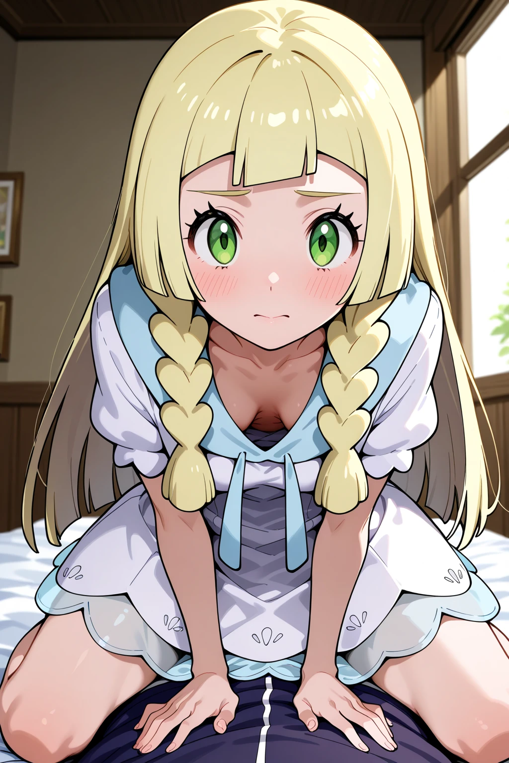 nsfw,,1 person,Sweat,White Breath,solo,Pokémon,Lillie,(Cleavage voyeur),sit,room,(Small breasts),View from above,Drooling
