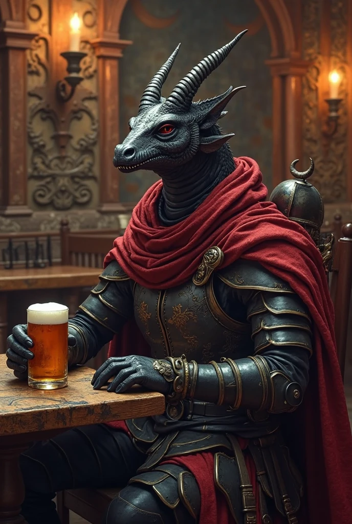 A stunning 3D rendering illustration of an black-furred teenage dog, portrayed as a muscular warrior. The dog is dressed in a fashionable and elaborate armor, adorned with intricate designs and a cape. In a surreal forest cafe setting, the dog is shown sipping wine from a glass, exuding a strong and confident presence. The atmosphere of the scene is cinematic, with a touch of anime and conceptual art, creating an immersive and visually captivating experience., conceptual art, cinematic, anime, 3d render, fashion, illustration