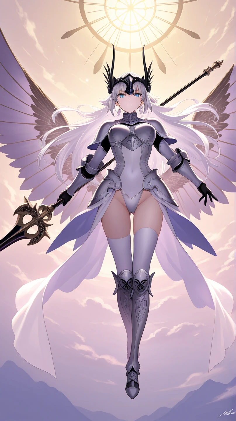 White long-haired girl with flat chest and cleavage, one-piece swimsuit, armor, iron boots, Light Wing, Spear flying in the white clouds