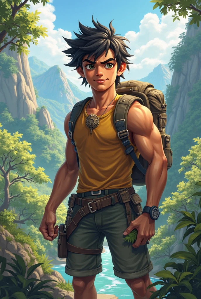 an 18 year old boy, muscular, with two axes, with orange fire glasses a wound on his cheek so you can see his mouth,in the middle of a forest, with a serious expression, a brown bag, and with bandages on his hands