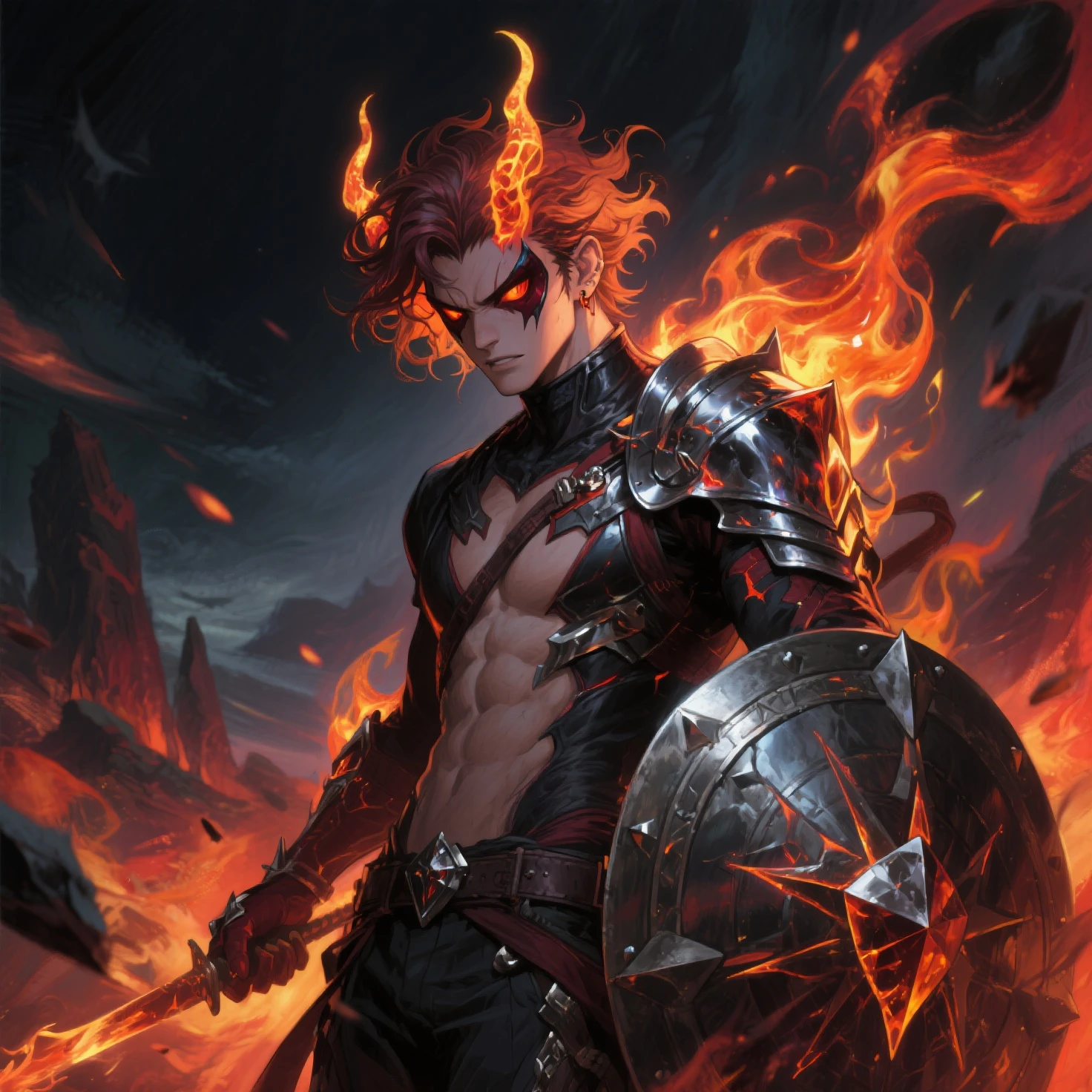 Solo character, full body version, tall height, old man, Red eyes, orange half black color hair, long haircut, topless, long pants, boots, heavy armor, soldier knight, outdoor, Castle, (Bleach style art), standing gesture, angry eyes, angry, open mouth, smoke effect , lightning light, lightning flash, electricity, spectrum