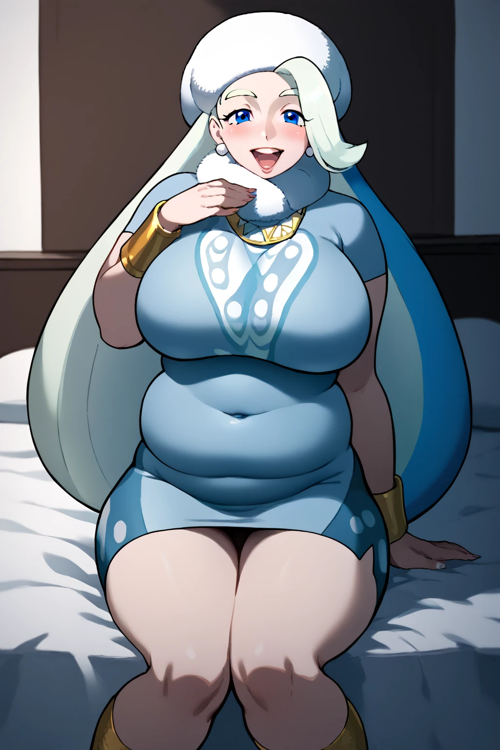 highest quality、masterpiece、High resolution、Pokémon、melon、Features voluminous silver hair with light blue mesh。 A uniform with a white-based design, typical of a snowy region, with a white collar and hat.、wearing earrings。 Kirks Town Gym Leader、User of ice type Pokemon。The Ice、spartan guidance、「fecundity」、When releasing Kyodai Max(Among the gym leaders)Only she has a heart effect added.。long hair、blue eyes、big breasts、Stimulation、(Plump、Plump:1.3)、white cast、Fur hatature woman、wide hips、round face、big butt、big butt、thighs、pantyhose、long hair、white footwear、white hat、Fur hat、mature woman, slingshot swimsuit, nsfw