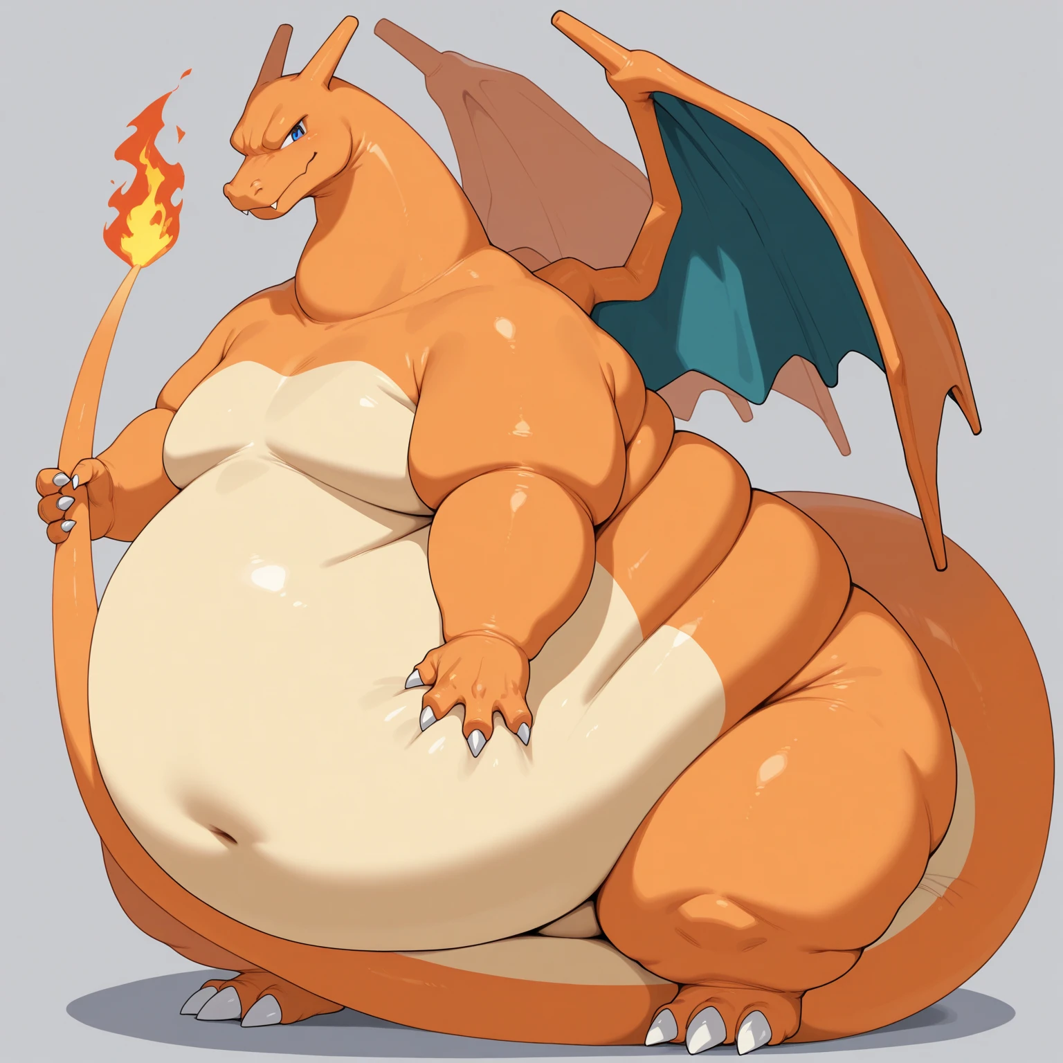 Charizard, obese , bulging belly, squirming belly, vore, rape face, reclining on his back, arms behind his head, isometric angle