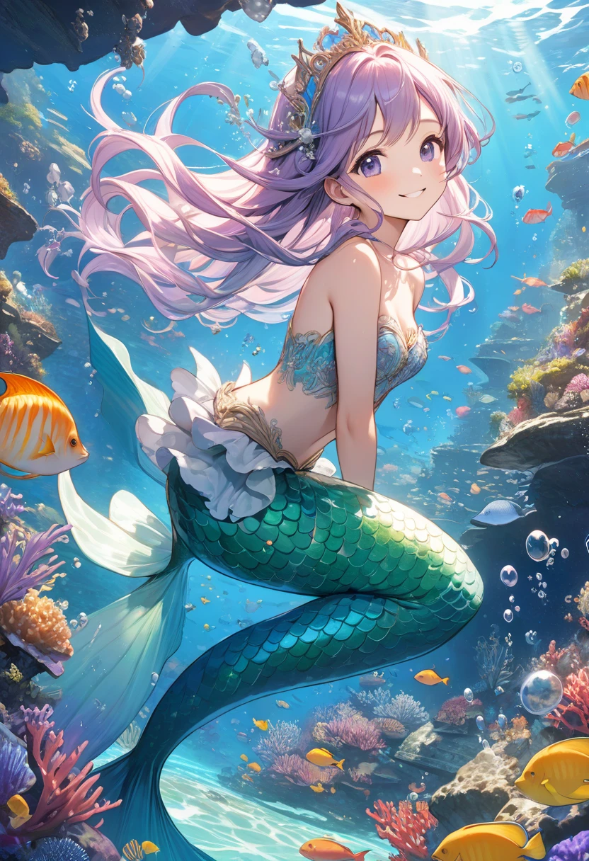 (best quality,4k,8k,highres,masterpiece:1.2),ultra-detailed,teenage girl gets magically transformed into a mermaid, fantasy transformation,beautiful detailed red eyes,spiky long ginger hair,happiness,fins ears, long and detailed mermaid tail with shimmering green scales, seashell bra,pair of fish gills on her torso, dorsal and pelvic fins, red and black ribbon headband, starfish hair clips, pearl hair ornaments, pearl earrings and bracelets, pearl necklace, long manicured nails, eye-catching accessories,beautifully detailed lips,she’s smiling,embracing her new life has a mermaid, checking her beautiful new body,underwater world,colorful coral reef,magical underwater lighting,vivid colors,breathing underwater,endless ocean depths,sunlight filtering through the water,joyful expression,playful mermaid poses,swimming gracefully,serene and peaceful environment,sparkling water,water reflections,ethereal atmosphere,subtle glow,whimsical and enchanting,mythical creatures,curious marine life,seaweed,seashells,blissful transformation,fantastical ocean adventure,beauty of the ocean depths