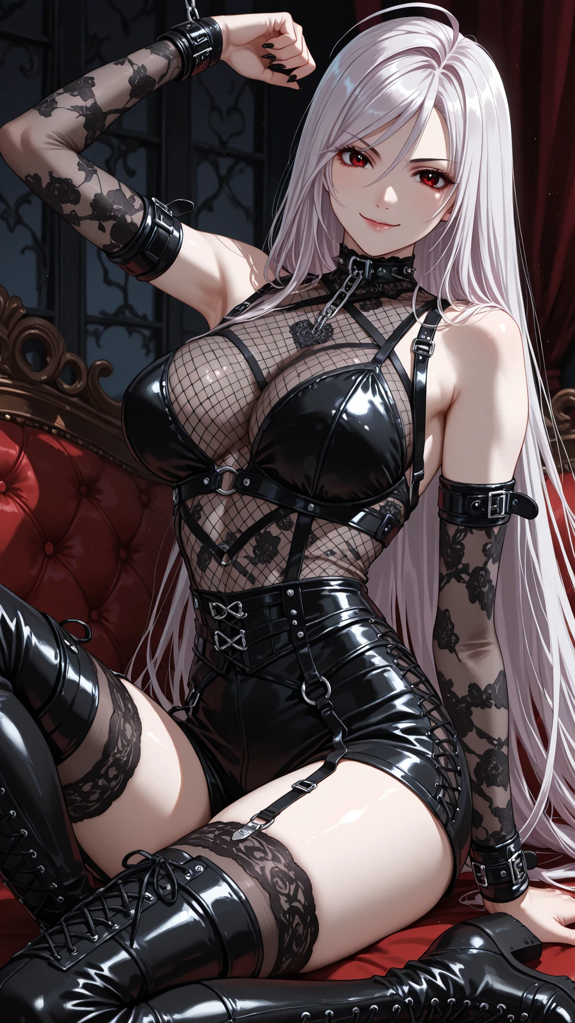 1990s style, dark fantasy anime illustration of a (mature MILF BIMBO Dark Elf with grey skin and short white hair), (UPPER BODY) perfect face, wearing tight leather stealth armor, stalking her victim at DAYLIGHT, ambient light, dark and moody, retro style, BIG KNOCKERS CLEAVAGE, lustful smirking smile red blush red cheeks, chain leash, kneeling, shackles, leather black collar slave, ((BLACK background)) hands on glass breasts on glass ass on glass window fog water drop