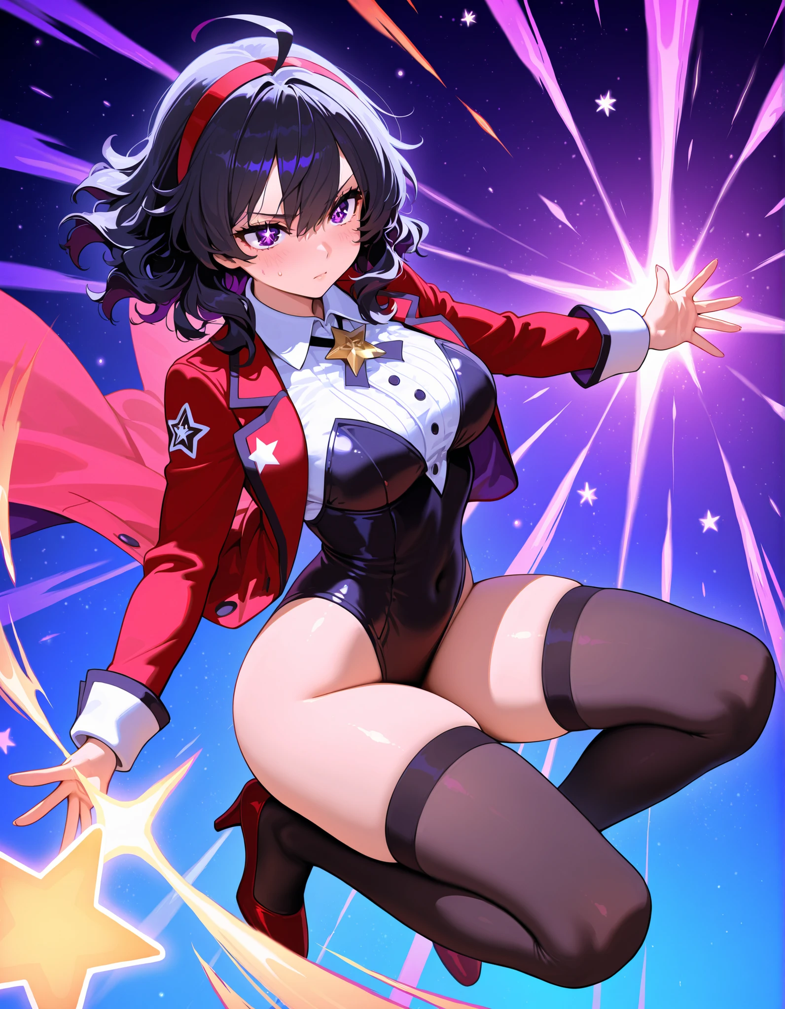 masterpiece, highly detailed, best quality, high quality, solo, solo focus, 1girl, college-age woman, brown eyes, (medium hair, black hair, wavy hair, red hairband), ahoge, (white blouse with black star (symbols), red jacket with star (symbols), open jacket), medium breasts, (black leotard), (bare legs), (black thigh-highs, red high-heel shoes), purple stellar energy around, cosmic power, cosmic shining power. (purple eyes, beautiful detailed eyes), beautiful detailed face, cute face, (perfect hands), complete fingers, perfect anatomy, perfect proportions. (pointing index finger with right hand), (casting a spell). full body costume design, full body, cowboy shot. serious
