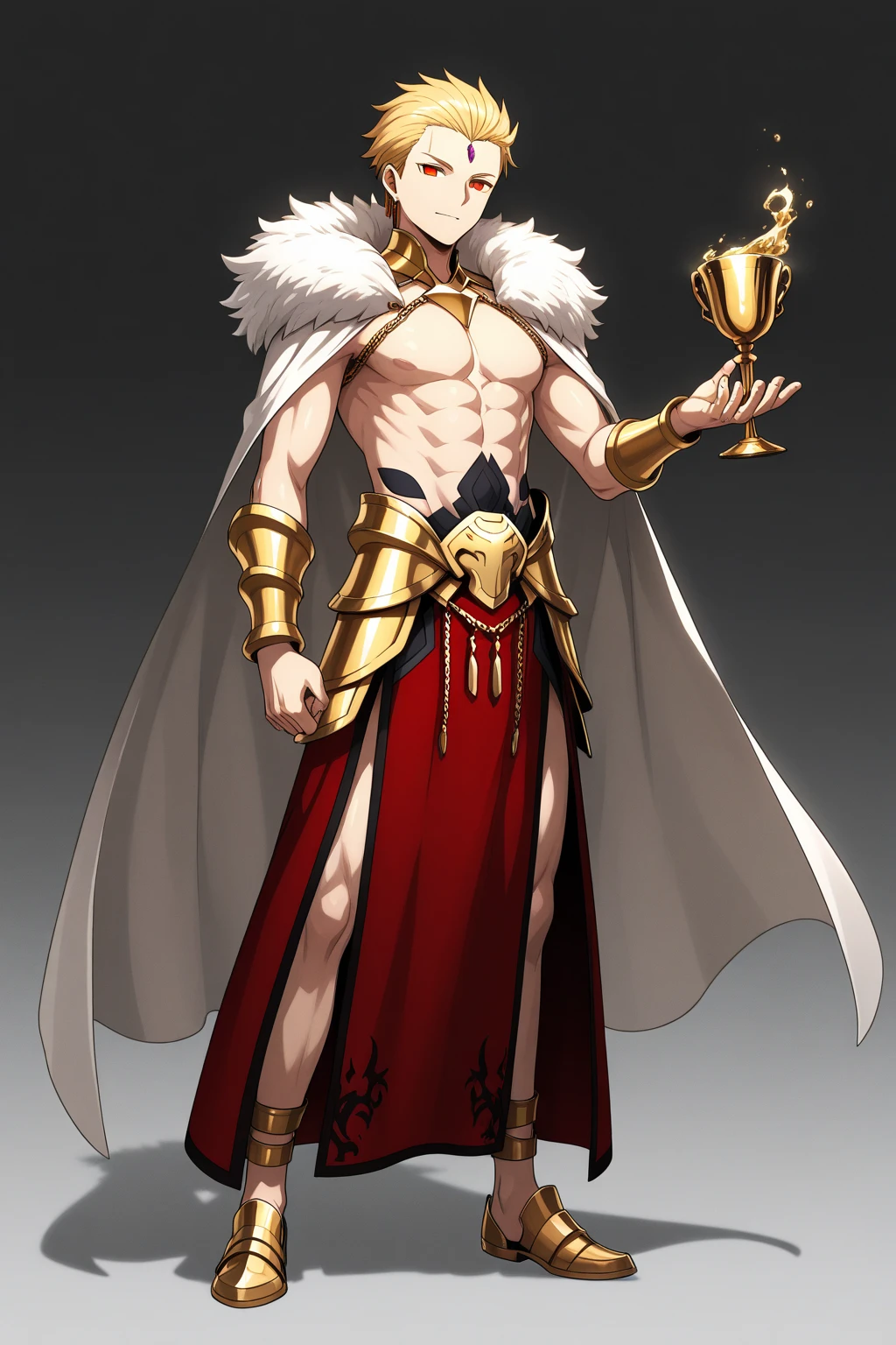 nkt, 1boy, gold,masterpiece, best quality, man with horns on his head, fit male demon with white horns, oni horns, with horns, red skin, towerring above you, (((from below)))