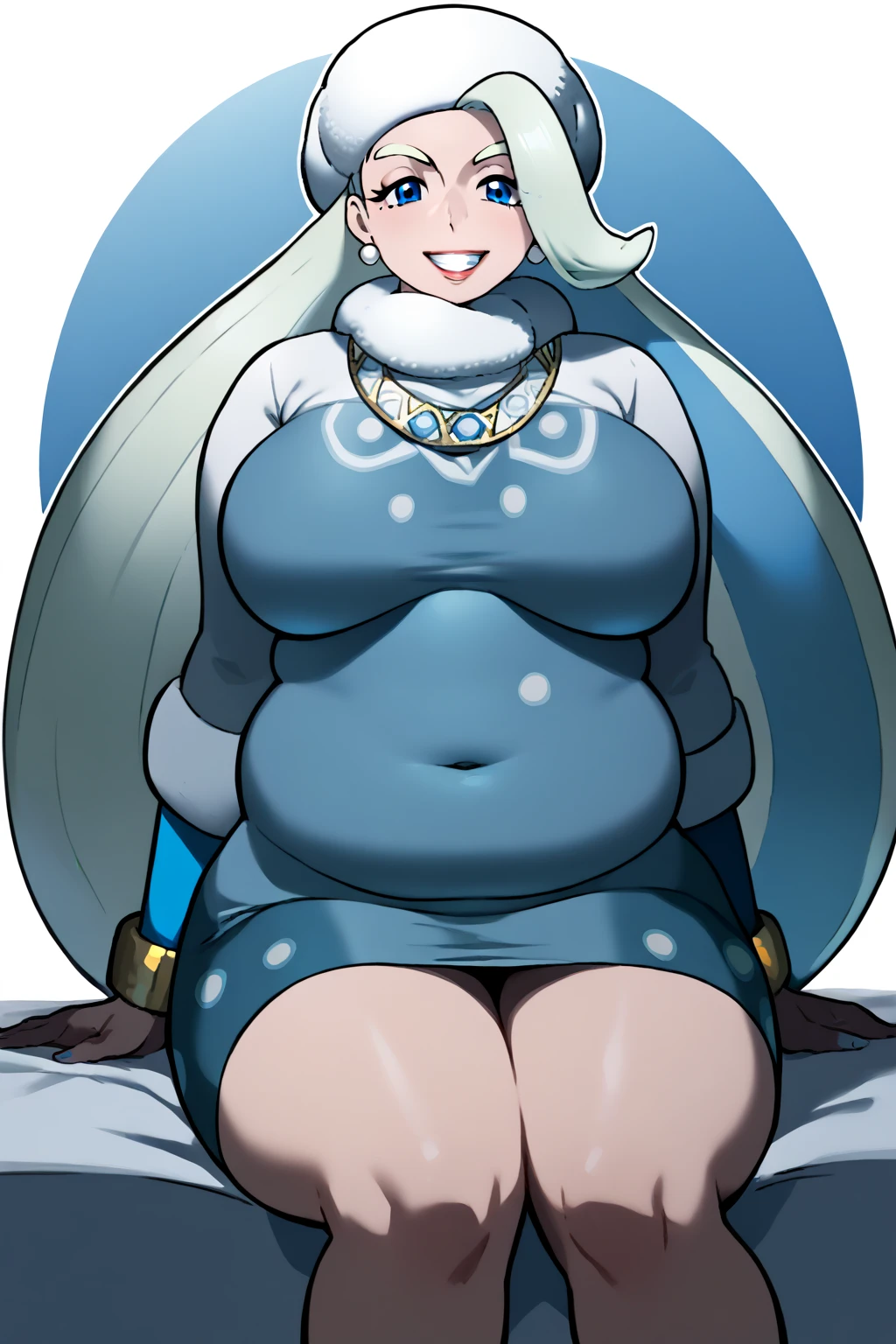 melony_\(pokemon\), 1girl, mature_female, milf, solo, standing, (huge breasts), nude, covering_breasts, navel,
white_hair, blue_eyes, plump, scarf, hat,
embarrassed, smile, gradient_background, grey_background, simple_background,