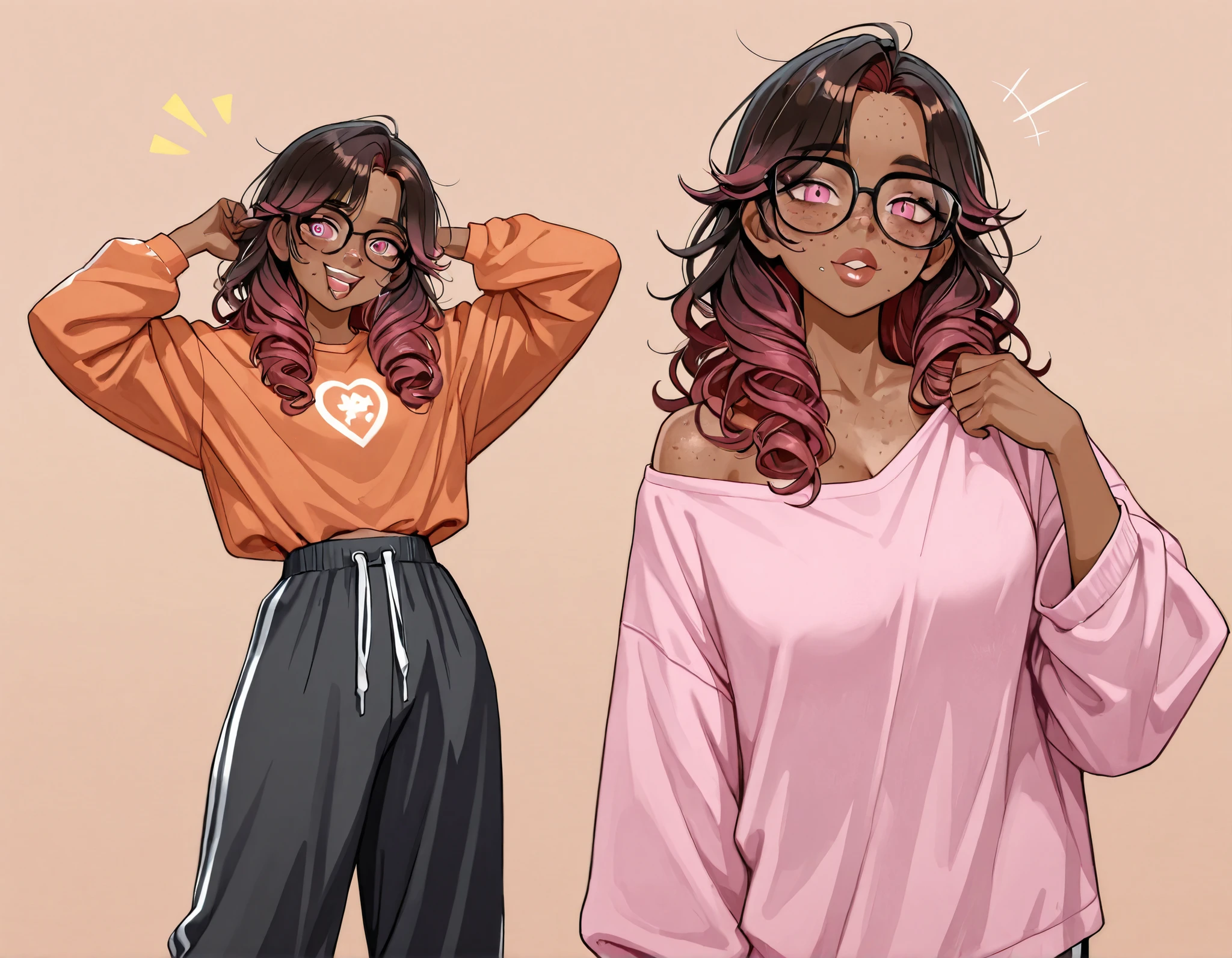 An 18-year-old girl with dark brown skin and freckles and blemishes on her face. She wears round black glasses, loose clothing that covers her entire body(loose and large sweatpants and a wide and long blouse) e sapatos simples. She has pastel pink eyes and thick lips, pele escura. Her hair is completely curly and hip-length, long, burgundy colored hair. Malnourished skinny woman with huge clothes. Freckle and acne spots on her face, Use dental braces, your face is full of pimples and light spots. Totally dark hair. Extremely thin malnourished body