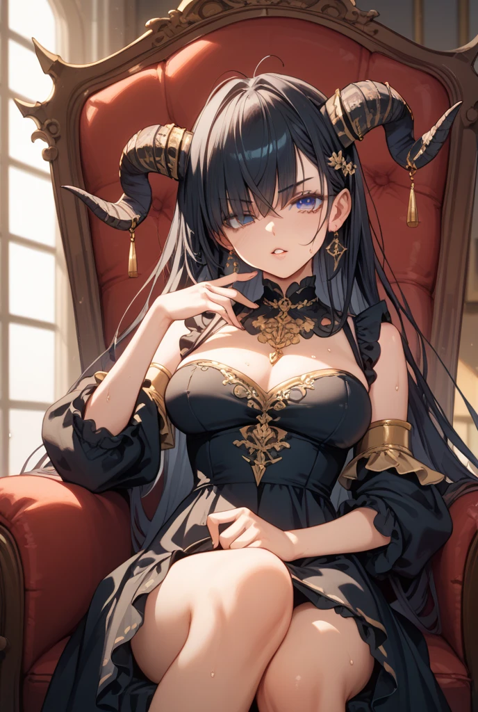 seductive lady with ample bosom and wearing goddess dress, nsfw, devil horns, long black hair, blue eyes, goddess, fantasy, dreamlike