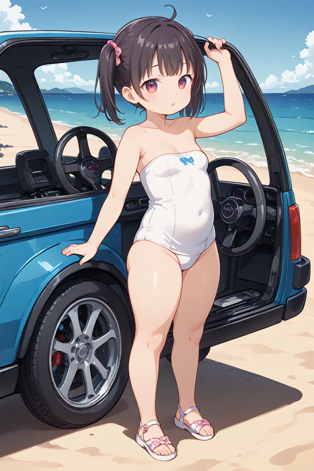 creates a 20-year-old anime girl in a white swimsuit with big breasts and wide hips washing a car with a landscape of the road and now the beach in hot weather