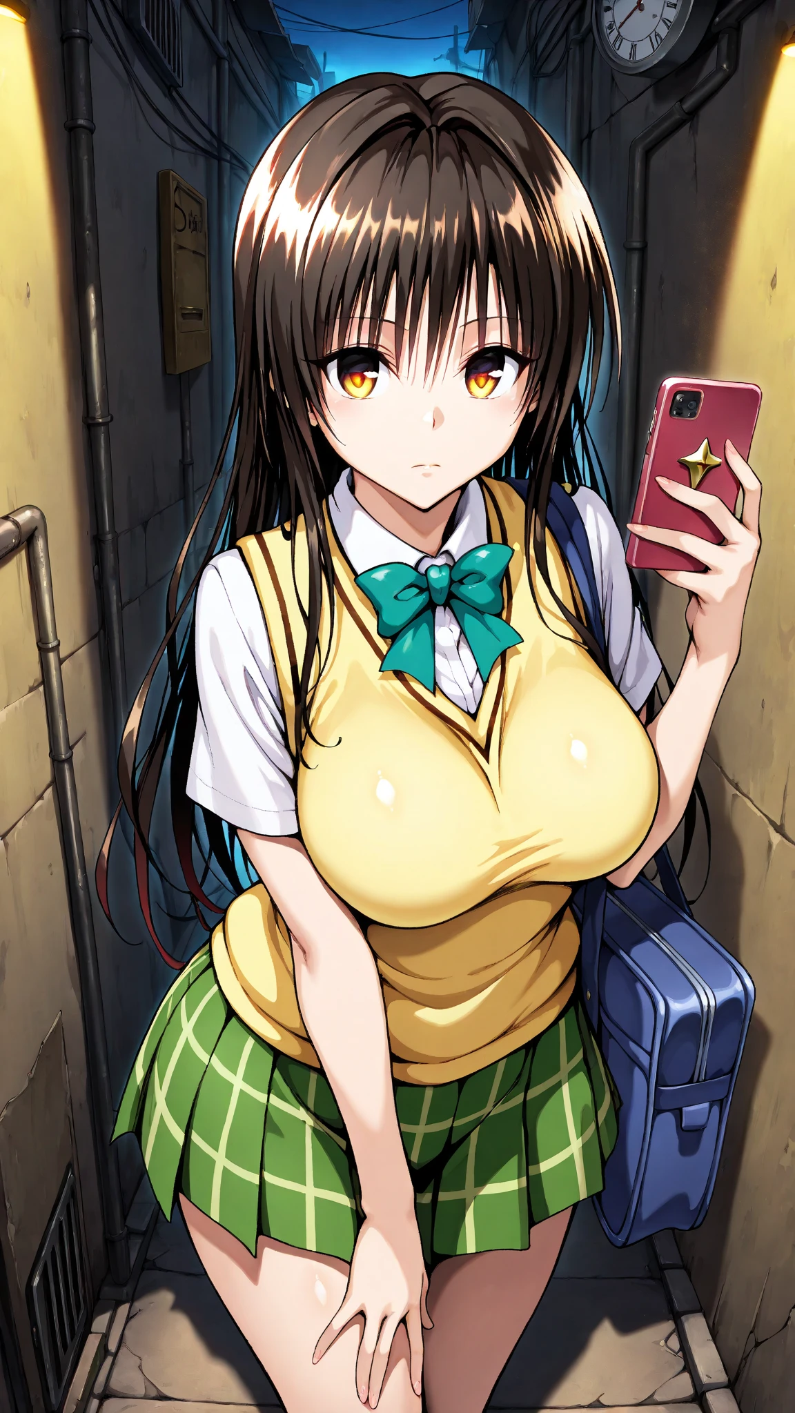1girl, Sengoku Nadeko, monogatari \(series\), (goblin slayer!), (throw_hand, pink vibrator remote switch in throw_hand, throw:1.2), Highest quality, Super detailed, masterpiece, Ultra-high resolution, 8K, Ridiculous, Cowboy Shooting, Blurred, Focus on the girl, Embarrassing, blush, Lovely, Open your mouth, What saliva leaves behind, Wet skirt hem, (Sticky panties:1.1), Bulging of the vibrator cord, Vibrator with Garters, (cleavage), Classroom Background, The skirt is accidentally exposed,(large breasts), (crop top navel), (waist line), Accidentally exposed panties