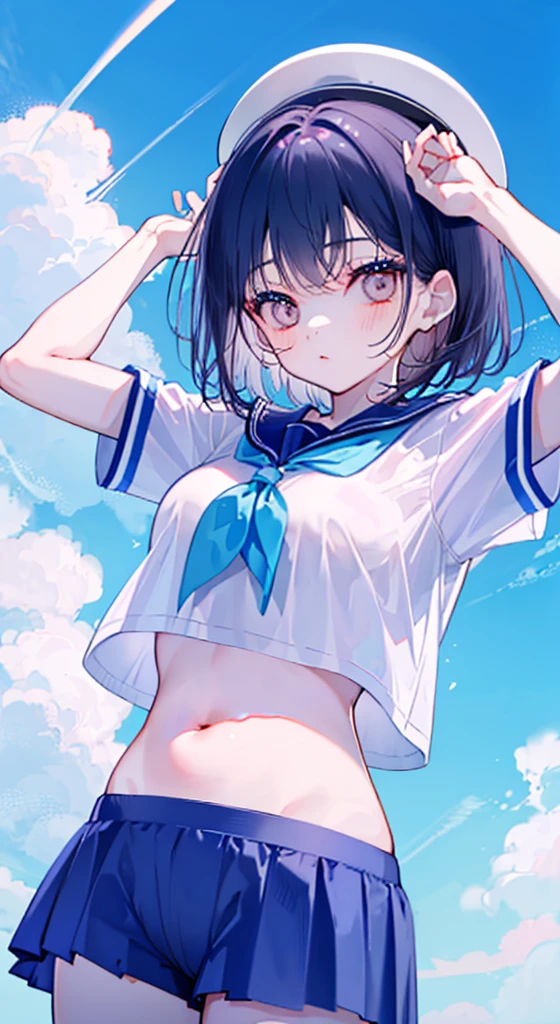 "(perfect masterpiece:1.2), (highest quality:1.2), stunning face, uniform, mature and chubby, Big eyes, compensate, long and luxurious eyelashes, lip whole, irresistible charisma.",Maid clothes,belly button,(((boy))),(((twin tails))),abs,raised his arms,micro swimwear,NSFW,(((muscle))),sailor suit,nsfw