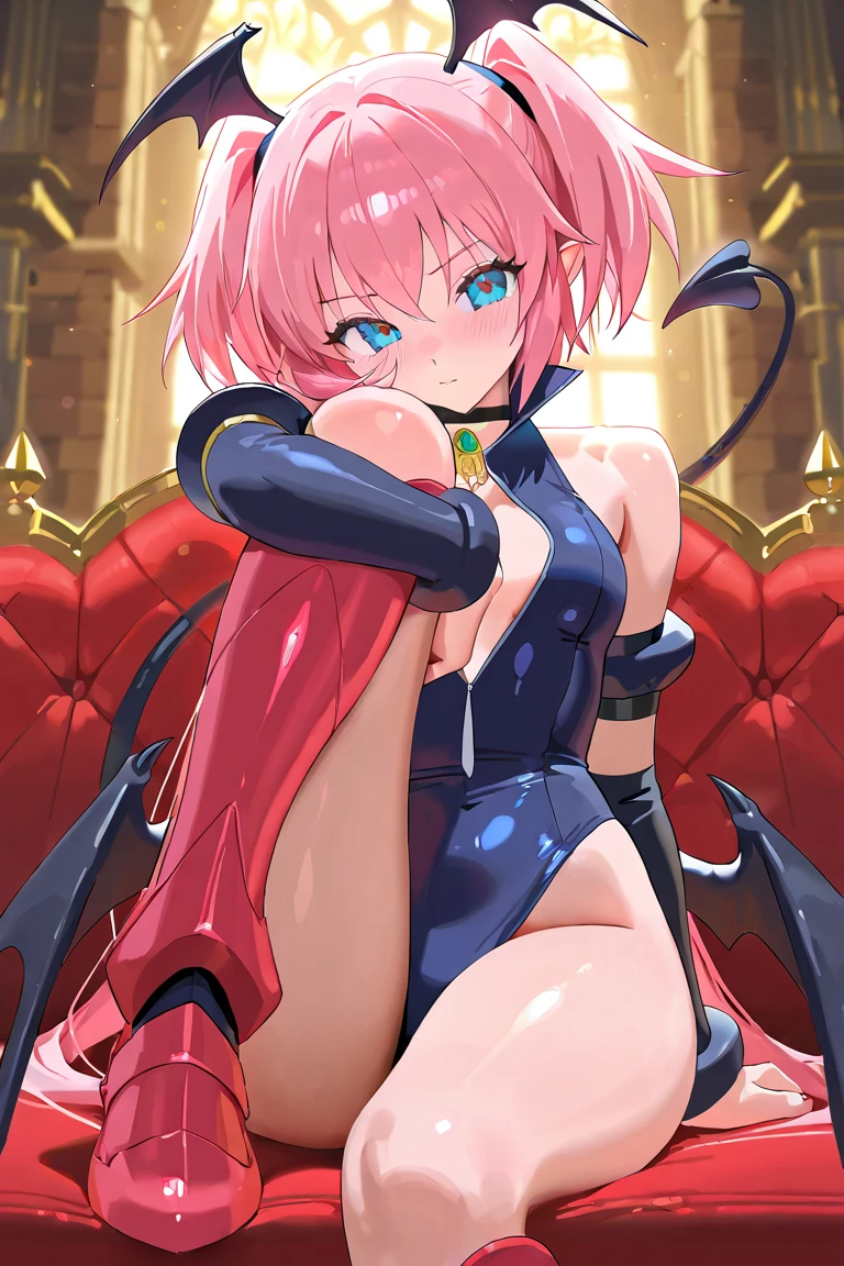 Succubus　pose of temptation　erotic body　　attractive face　Arm outstretched pose　heart mark　cute smile　pink hair　eyes are hearts　　charm magic　angle from below　pose sitting on bed　short hair　big boobs