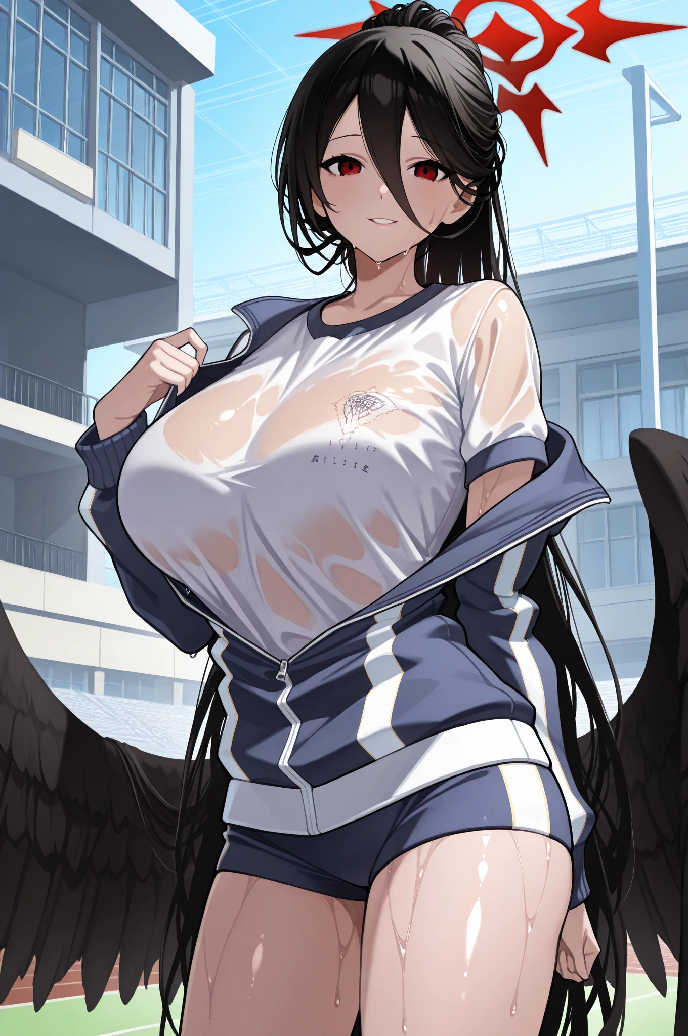 (NSFW: 1.4),(Sparkling Eyes),((Arms behind back)),(Masterpiece, Precision, Premium Quality: 3.2), Alone, 1 Girl, Black Hair, (((Track Jacket)), Red Eyeshadow Red Eyeliner: 1.2, guilt, black wings, look at camera, huge breasts, see-through, bloted belly, squatting girl