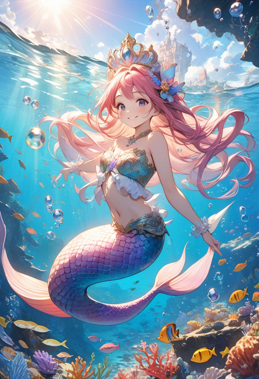(best quality,4k,8k,highres,masterpiece:1.2),ultra-detailed, Pretty 15 years old princess magically transformed into a beautiful mermaid, race swap, fantastic transformation, none human, steampunk, fish like, wet body, surrounded by small bubbles, long and detailed mermaid tail with shimmering red fish scales, fins ears, drawn in anime style, very long pigtails red hair, sharp teeth, is smiling, pink eyes, small breast, long pelvic and dorsal fins, pair of fish gills on the torso, red seashells bra, starfish hair clips, pearl earrings and bracelets, pearl necklace, hair ribbons, gold tiara, ocean depths, swimming underwater, joyful expression, playful mermaid poses, sparkling water, water reflections, ethereal atmosphere, subtle glow, whimsical and enchanting, checking her new body, underwater world, colorful coral reef, magical underwater lighting, vivid colors, breathing underwater, endless ocean depths, sunlight filtering through the water, Highly detailed, masterpiece, high quality, 4K.