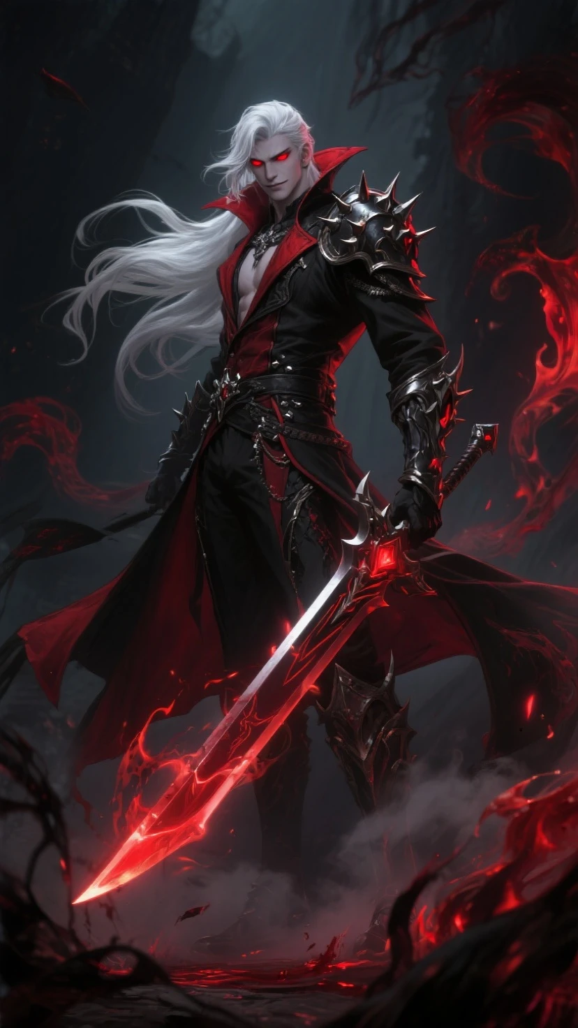 a handsome boy with striking white and red hair,wearing black fit armour,extremely detailed face,piercing eyes,sharp nose,sensual lips,chiseled jawline,muscular physique,son of sparda,photo-realistic portrait,dramatic lighting,cinematic composition,dark fantasy,moody atmosphere,rich color palette,masterpiece