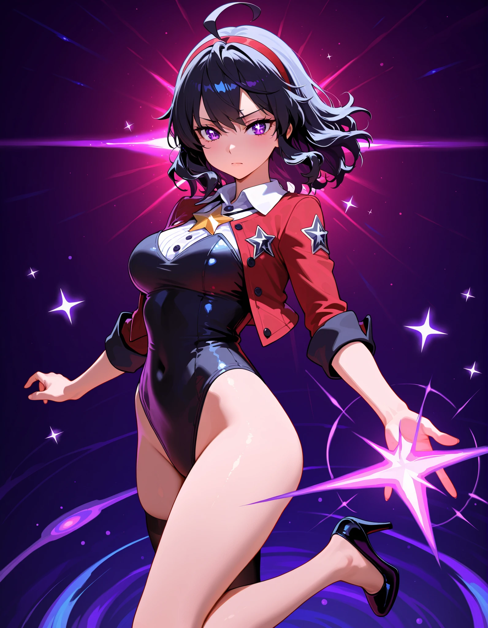masterpiece, highly detailed, best quality, high quality, solo, solo focus, 1girl, college-age woman, (medium hair, black hair, wavy hair, red hairband), ahoge, (white blouse with black star (symbols), red jacket with star (symbols), open jacket), medium breasts, (black leotard), (bare legs), (black thigh-highs, red high-heel shoes), purple stellar energy around, cosmic power, cosmic shining power. (purple eyes, beautiful detailed eyes), beautiful detailed face, cute face, (perfect hands), complete fingers, perfect anatomy, perfect proportions. (pointing index finger with right hand), (casting a spell). full body costume design, full body, cowboy shot. serious