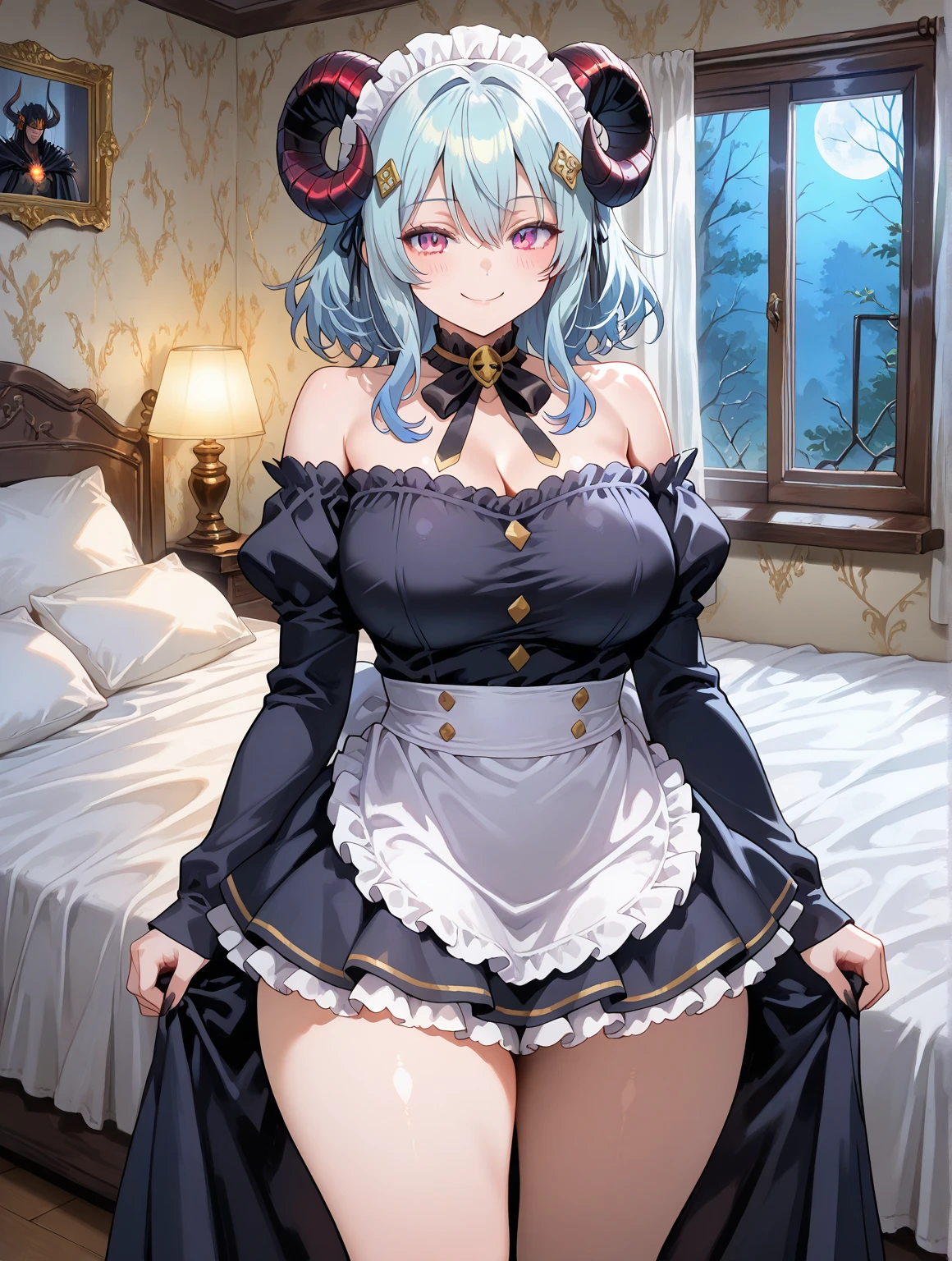 black scales,scales,dragonmaid,breast plumpness,Black dragon horn,black hair,cyan eyes,black hair,maid outfit,shy,shy,individual,whole body,big bulge,review,sfw,gynomorph,shemale,White,side view,look at the audience,cleaning,exposed,Lift the skirt with one hand,Looking up,low angle of view,No objectionable content,Room,sofa,bookshelf,window,bright interior,Morning,Close up,((best quality,8K,masterpiece:1.3))