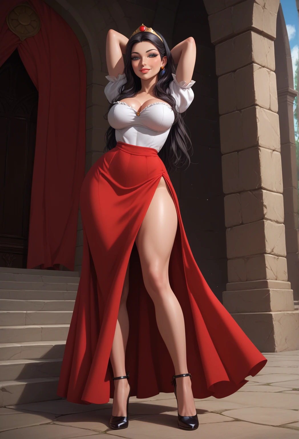 araffe woman in a red dress, magical outdoor location, lorena avarez, perfect body, green eyes, in a red dress, sexy red dress with massive slit in the centre revealing sexy legs, wearing a longv red dress, wearing a long red dress, tight dress, curvy hourglass figure, woman wears a long red dress, curvy model, long red dress, irina nordsol kuzmina, profile pic, curvy figure, huge breasts, tall, sexy pose.
