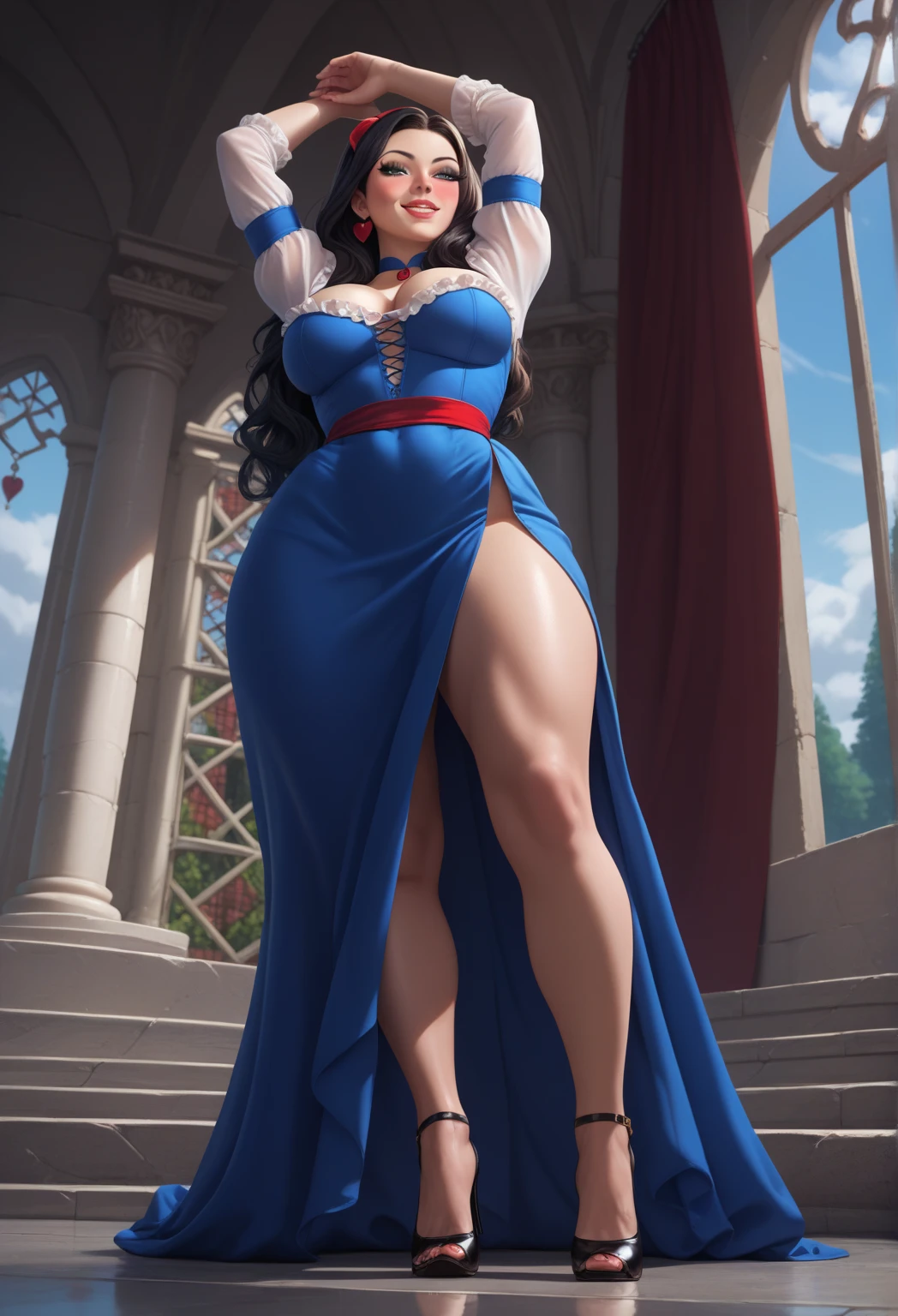 score_9, score_8_up, score_7_up, score_6_up, score_5_up, score_4_up, (source_anime), 1girl, hyper breasts, long hair, black hair, blue eyes, huge ass, mons pubis hypertrophy, body conscious dress, huge thigh