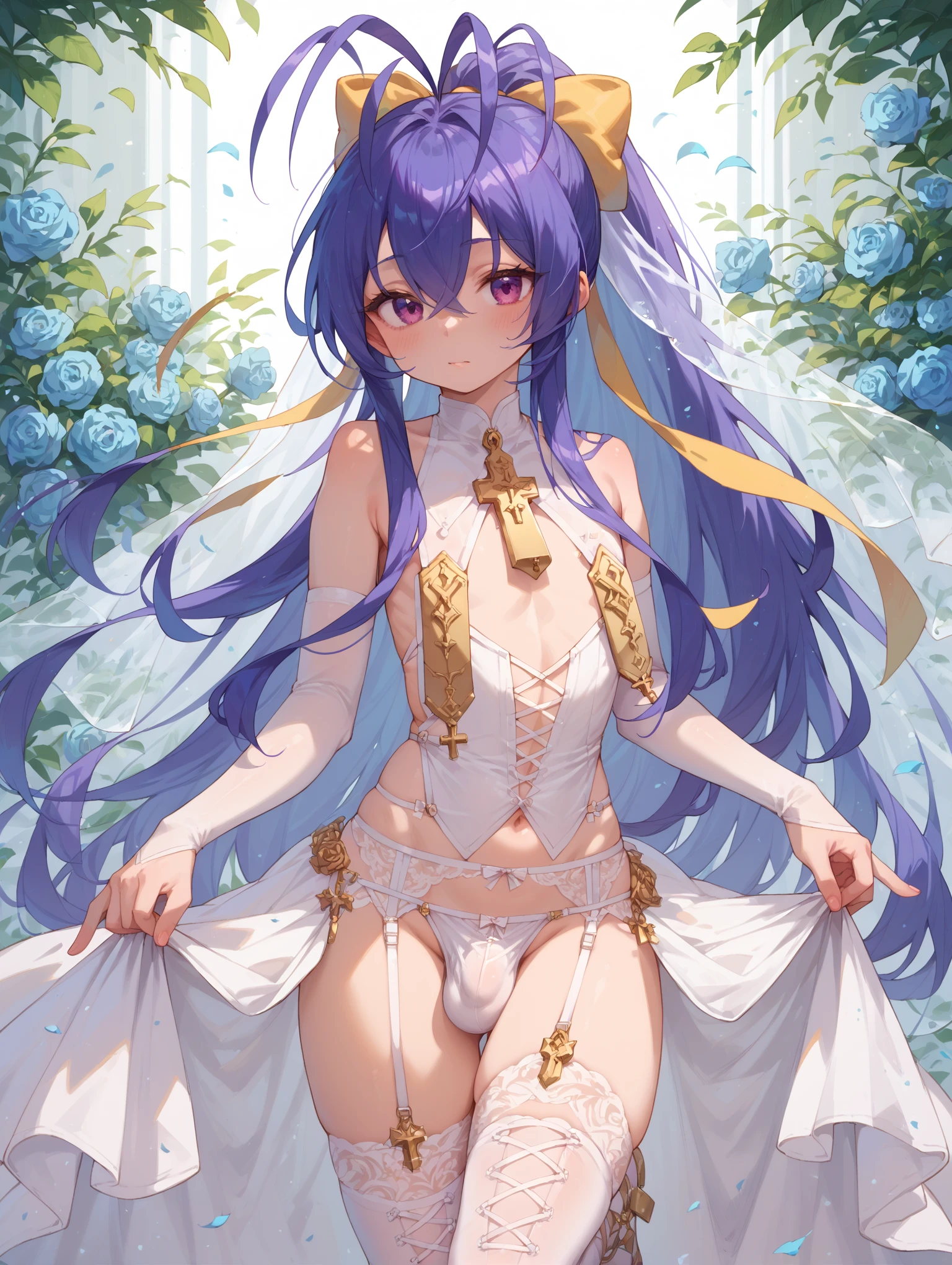 purple hair, rose eyes, short hair, white background, smoll stature, small butt, flat cheast, flat tits. medium thighs, pantyhouse, bandaged legs, small breasts, 1 girl, one girl, small stomach, curvy waist, round butt, small belly, clear skin, 1 girl, cute girl, smoll tits, curvy waist, good butt, one girl, view from front, wedding dress, 1 girl, white dress, 1 girl, show pussy, look at viewer, (panty pulling), white flowers on the head, (kissing the viewer), (kissing), Veil
