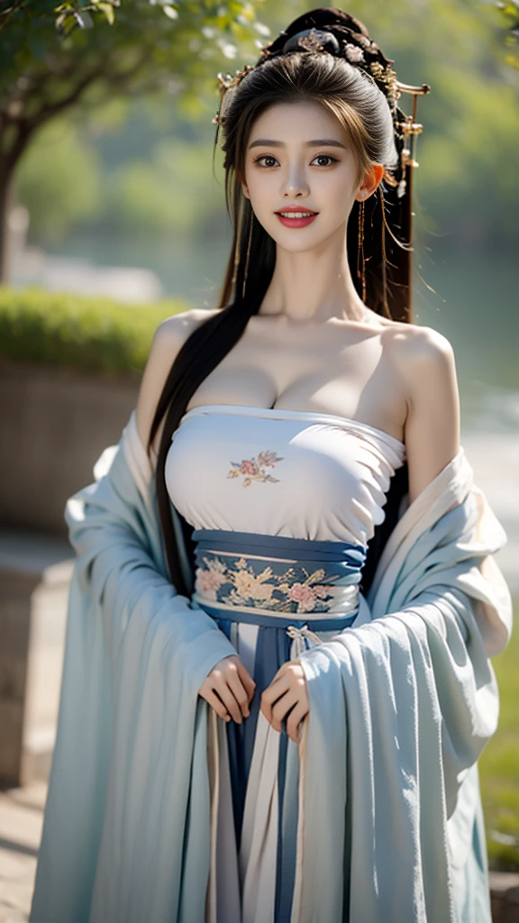 tmasterpiece,best qualtiy,offcial art,8k wallpaper,highly detailed,illustratio,1个Giant Breast Girl,25 age old,sky-bluehair,long whitr hair,Detailed eyes,exposed bare shoulders,Hanfu,lakes,Gangnam architecture,pure,softl smile,bamboos,teas,Go,chessboard