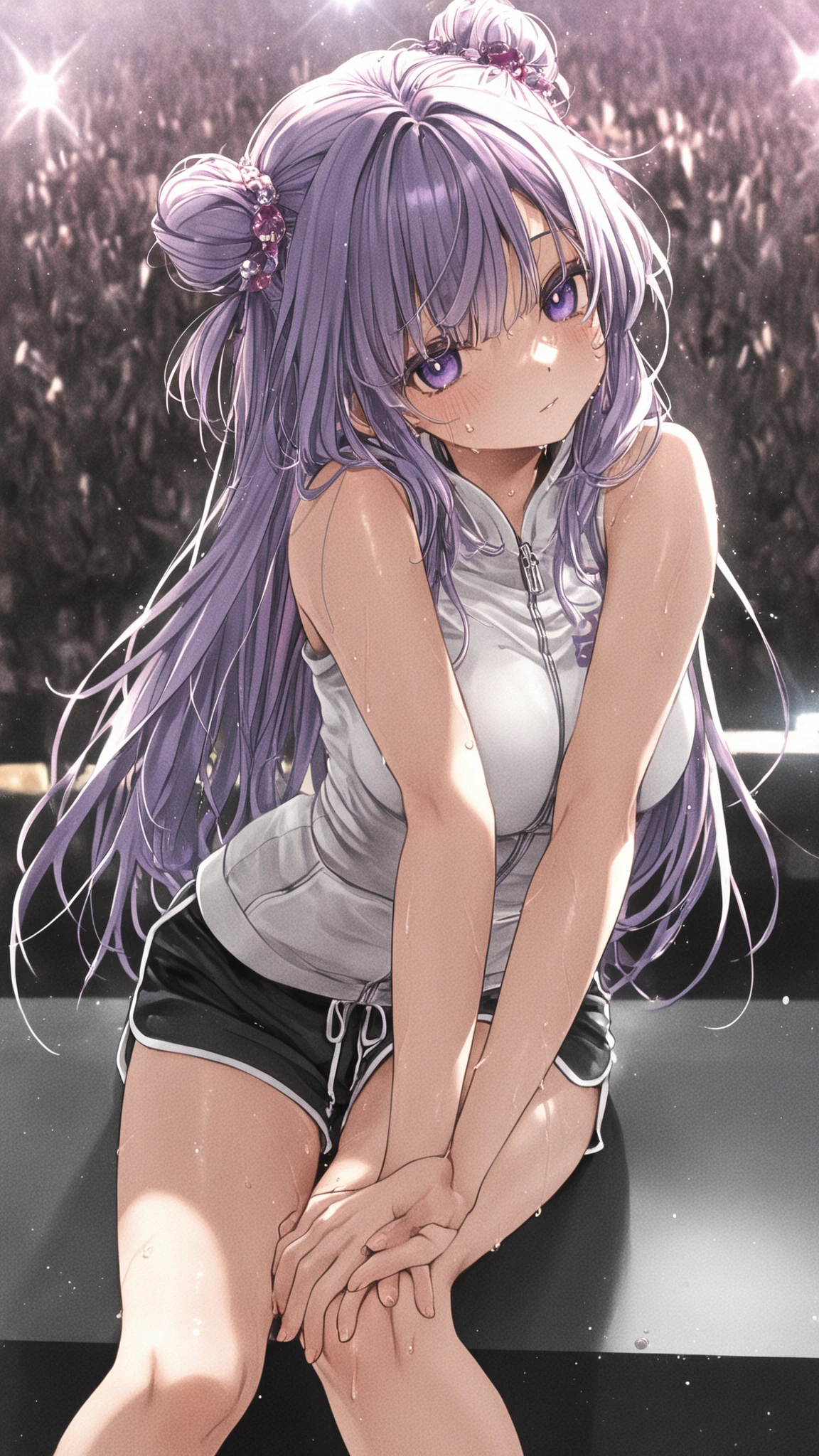 Adult Anime Girl 2d Long Hair Loose light Purple-Grayish, Age Adulthood adult, sitting in the floor, Sweating, sun is hot, hot weather, sweating so much, tight clothes, Licking eating ice cream