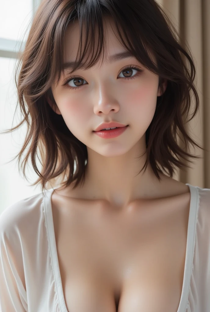 ((top quality, 8k, masterpiece: 1.3, raw photo)), Sharp Focus: 1.2, (1 aespa girl: 1.2), (Realistic, Photorealistic: 1.37), (face focus: 1.1), cute face, ultra detailed face, small breasts, flat chest, short messy hair, (White button up long shirt :1.2), standing bathroom, sunlight, movie lighting,