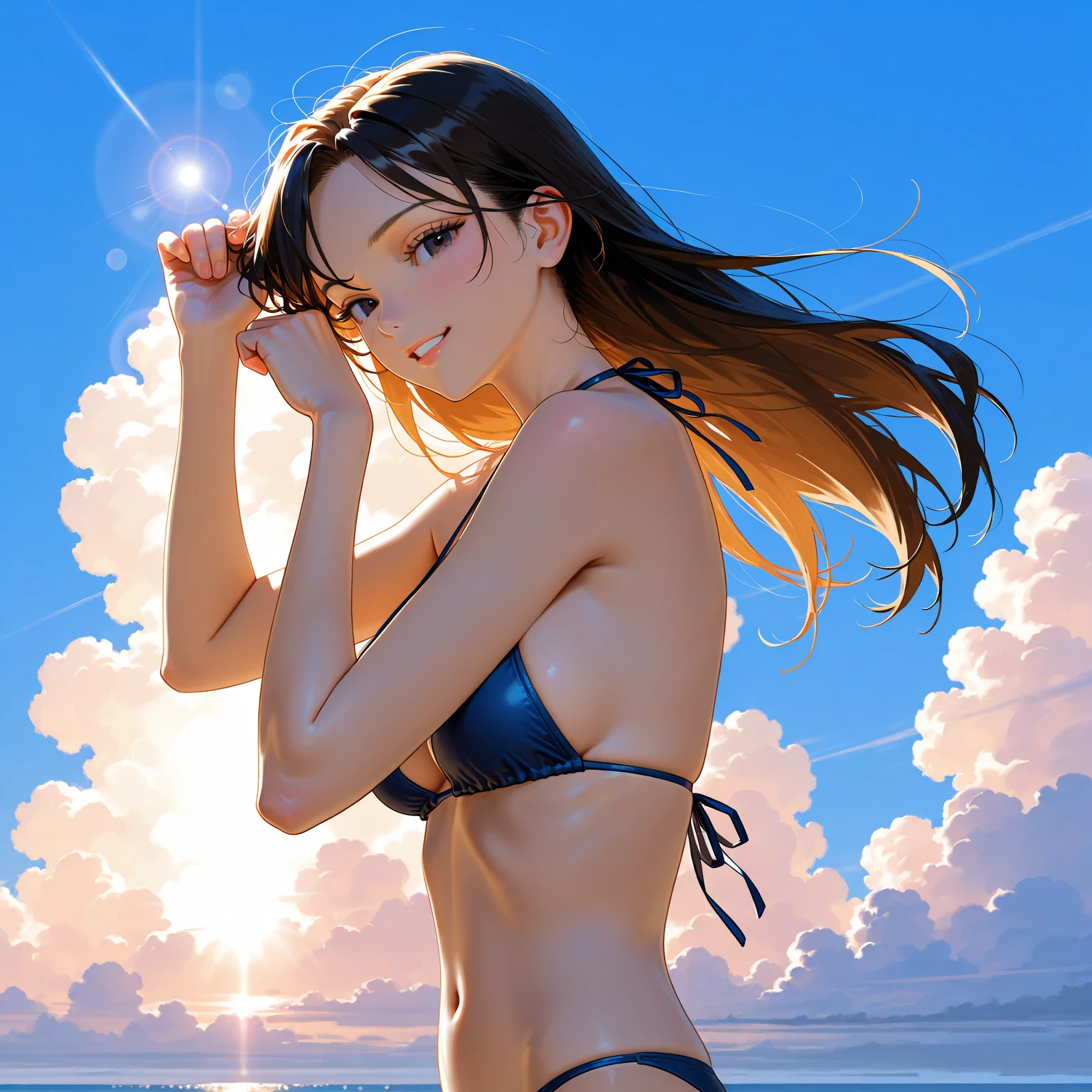 beautiful woman in micro bikini,standing on the beach,looking back at the camera,wind blowing,hyper realistic photo,photorealistic,caustics,detailed,glossy,8k,best quality,masterpiece,(photo-realistic:1.37),stunning woman,beautiful eyes,beautiful lips,extremely detailed face,long eyelashes,flawless skin,golden hour lighting,ocean waves,sandy beach,cinematic composition,dynamic pose,natural lighting,volumetric lighting,ultra-detailed
