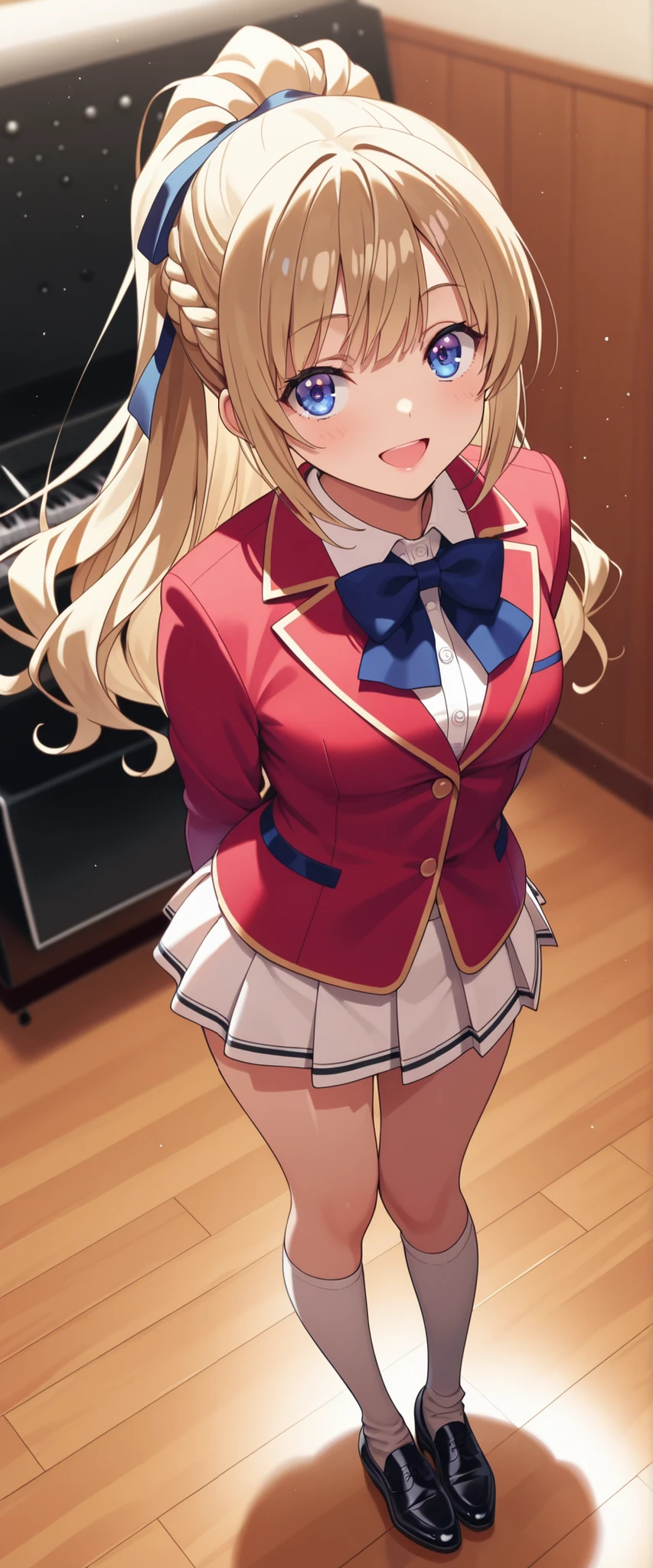 masterpiece, best quality, highres, ponytail hair, (single braid:1.2), hair ribbon, red blazer,buttoned blazer, blue bowtie, long sleeves, white skirt, knee socks,leather shoes,singing in music room,smile,glossy lips, from above
