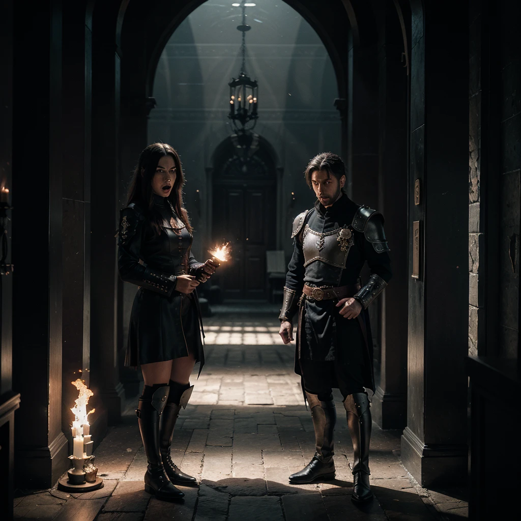 woman villain, in a brown corset, in a black skirt, sexy image of a villain sorceress, arrogant contemptuous look of blue eyes, full length, Against the background of a medieval castle, behind him are three men with whips in their hands
