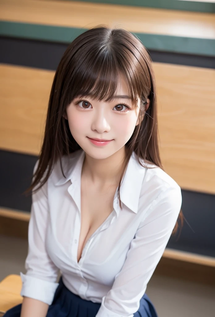 (In 8K、Highest quality、masterpiece:1.2)、(Realistic、Photorealistic:1.37)、Ultra-detailed、1 Girl、cute、alone、classroom、night、(Laughter:1.15)、Huge breasts、Too big、Beautiful saggy breasts and beautiful eyes、(Collared shirt:1.1)、Float NovaFrogStyle、adult、Amorous、Gloss、Kamimei、She looks 、