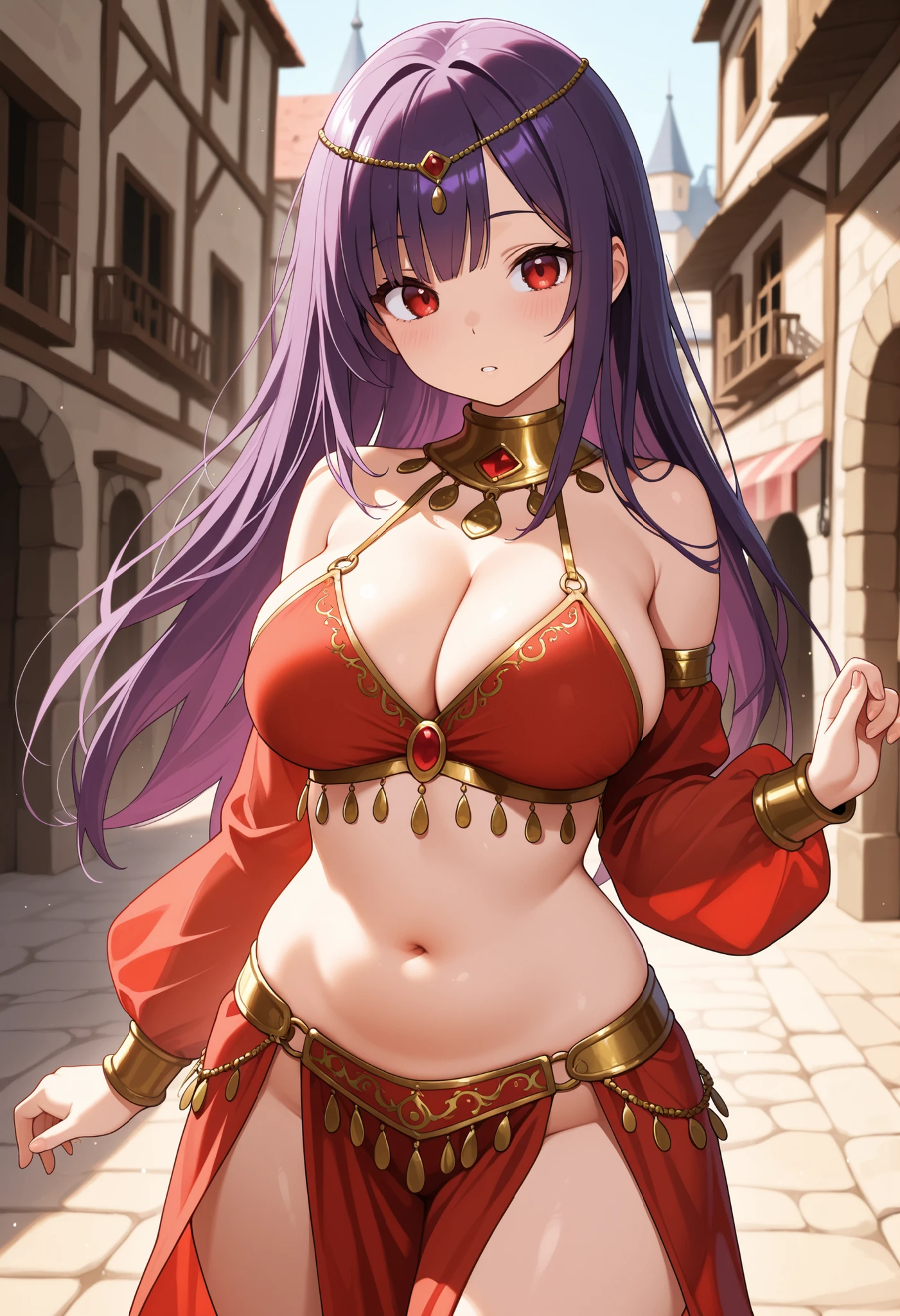 high quality, ultra detailed, best quality, insanely detailed, beautiful, masterpiece, 1girl, medieval plaza, cowboy shot, red eyes, long hair, purple hair, belly dancer, circlet, earrings, armlets, bracelets, bashful smile, large breasts, cleavage, soft stomach
