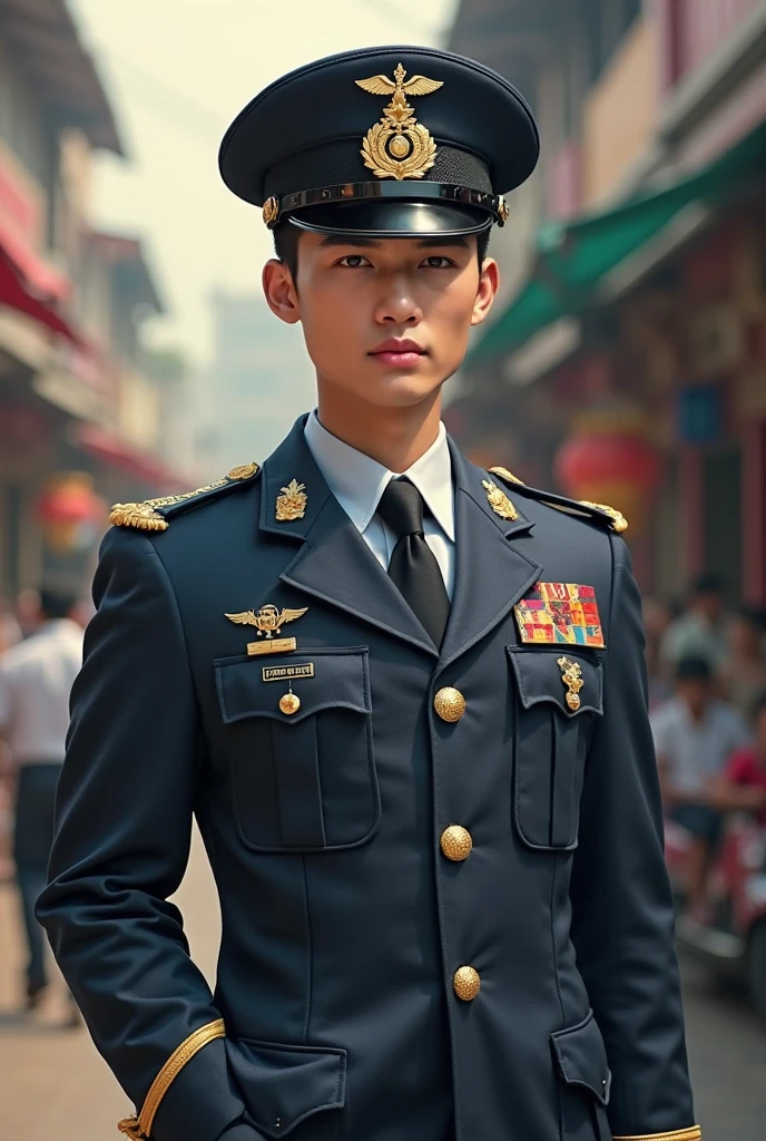 Man, Chinese, ww2, general, nationalist party, strong, young man, military cap, five star insignia, full body, pistol, decorated uniform {cinematic lightning}